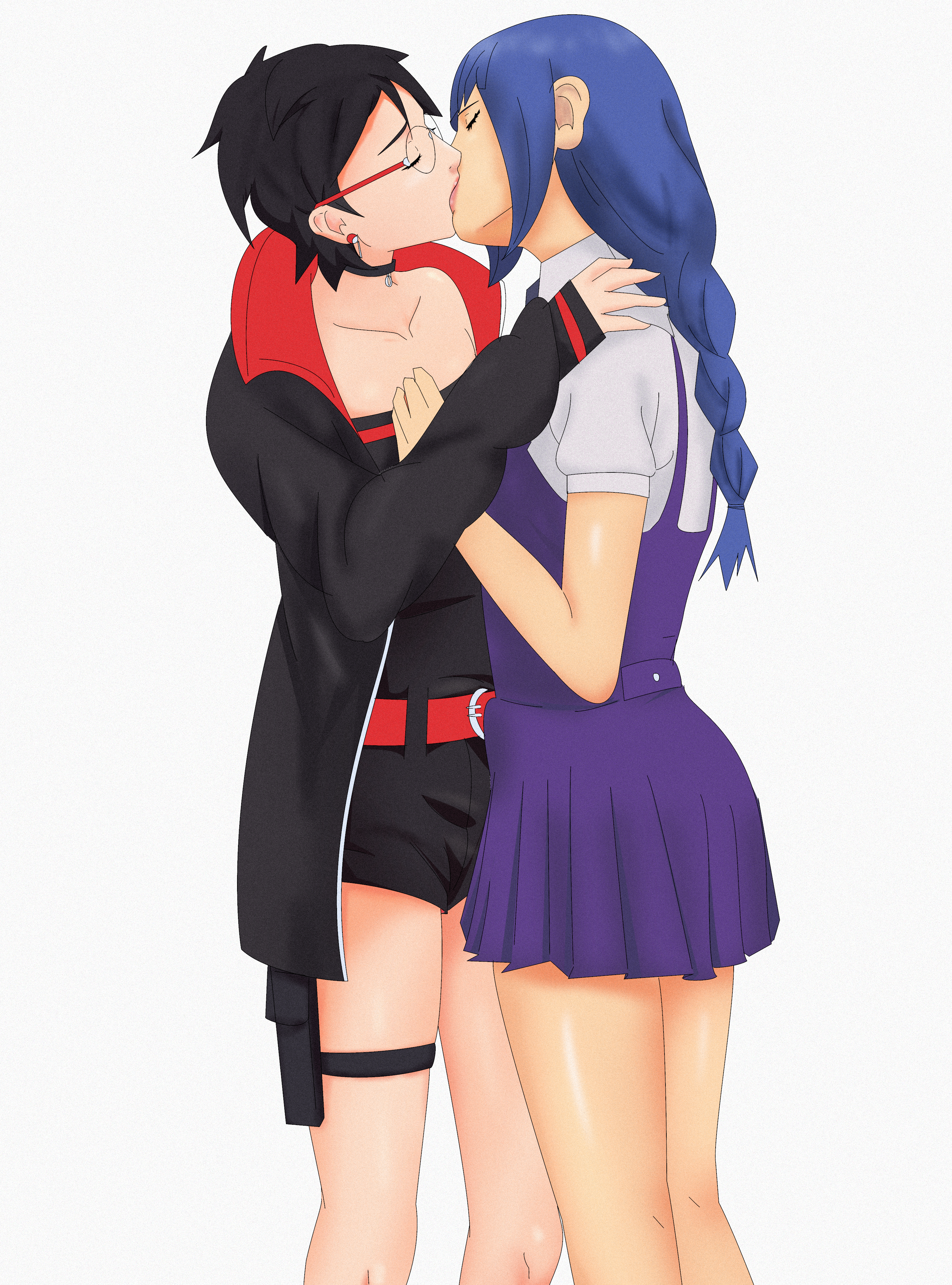2girls, accurate body type, accurate proportions, arm support, bare shoulders, before sex, black hair, boruto: two blue vortex, breasts, choker, closed eyes, clothed, clothing, collar, dress, earrings, female, female only, glasses, high resolution, imminent sex, jacket, jacket partially removed, kakei sumire, kissing, long hair, messy hair, multiple females, multiple girls, naruto, naruto (series), nude, optimystic, outdoors, post-timeskip, purple hair, sarada uchiha, short hair, shorts, smile, teenager, time skip, tongue, tubetop, uchiha symbol, uncensored, undressing, upper body, wooden wall, yuri