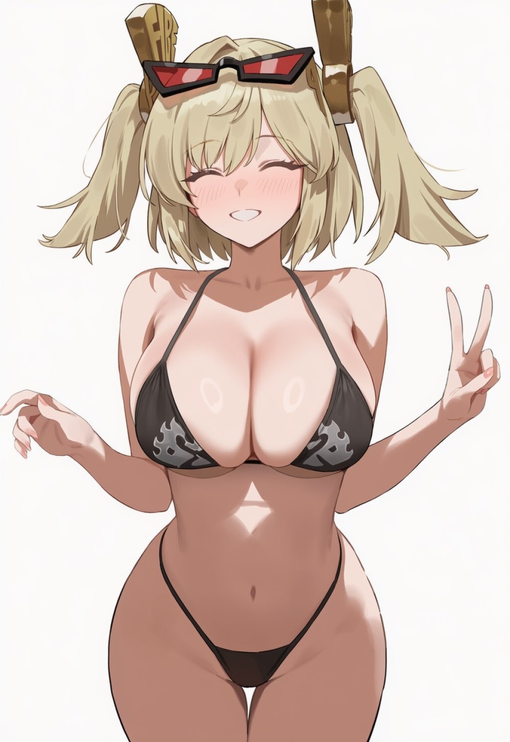 ai generated, big breasts, bikini, blonde female, blonde hair, blush, bra, breasts, burnice white, cleavage, closed eyes, glasses on head, happy, highleg panties, hoyoverse, mihoyo, panties, peace sign, shiny skin, short hair, smile, thick thighs, thigh gap, twintails, wide hips, zenless zone zero