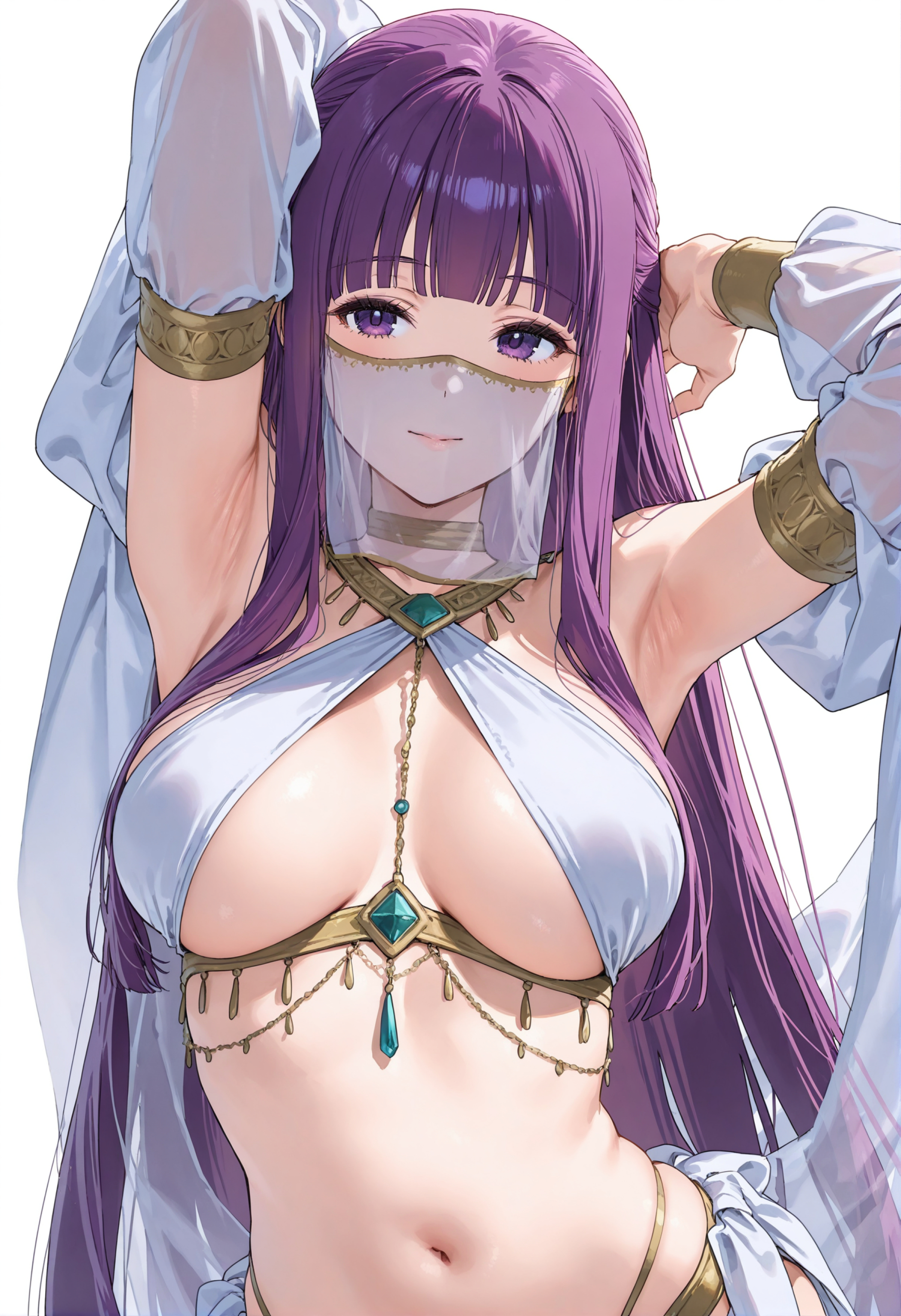 1girls, ai generated, arabian clothes, arm up, armpits, belly, fern (sousou no frieren), large breasts, long hair, looking at viewer, purple eyes, purple hair, sousou no frieren
