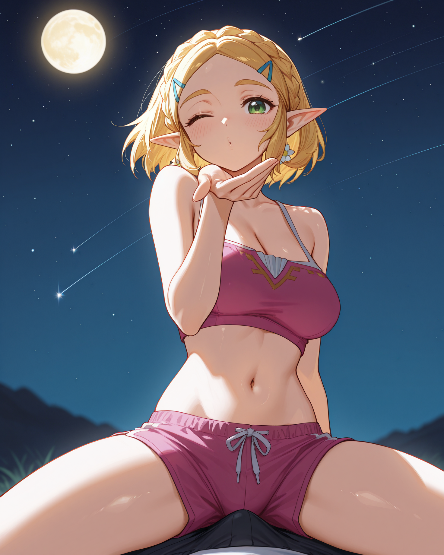 1boy, ai generated, alternate costume, bare arms, bare shoulders, blonde hair, blowing kiss, blush, braid, breasts, bulge, camisole, cleavage, cowgirl position, crop top, crown braid, dolphin shorts, earrings, erection, erection under clothes, full moon, green eyes, hair ornament, hairclip, hand up, jewelry, large breasts, looking at viewer, medium breasts, midriff, moon, moonlight, navel, night, night sky, one eye closed, outdoors, parted bangs, pink camisole, pink shorts, pointy ears, pov, princess zelda, shirt, shooting star, short hair, short shorts, shorts, sidelocks, sitting, sitting on person, sky, solo focus, spaghetti strap, spread legs, star (sky), star (symbol), star earrings, starry sky, stomach, straddling, straight, the legend of zelda, thighs, twoderrick