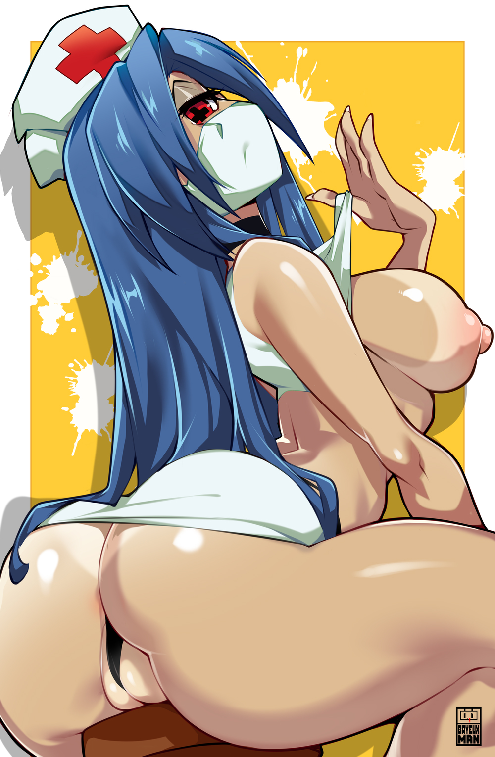 1girls, ass, bayeuxman, big ass, big breasts, blue hair, eyewear, face mask, female, female only, gloves, hair, handwear, hat, headwear, looking back, nurse hat, one eye obstructed, red eyes, skullgirls, solo, solo female, tied hair, valentine (skullgirls)