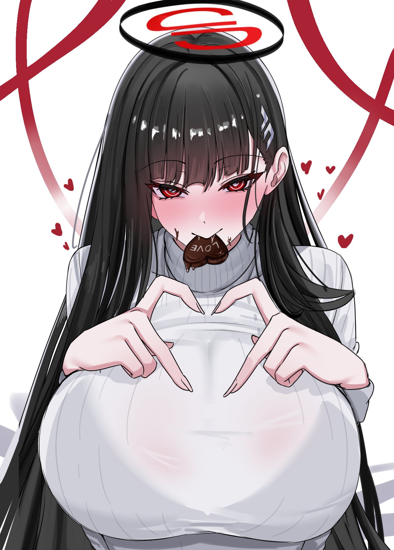 1girls, 2026, aerolae, big breasts, black bra, black hair, blue archive, blush, blushing at viewer, boobs, bra, breasts, breasts bigger than head, chocolate, clothed, clothing, color, colored, digital media (artwork), female, female only, hair, heart, heart symbol, huge breasts, lengkuass, long hair, looking at viewer, love, millennium science school student, red eyes, rio (blue archive), seminar (blue archive), simple background, smile, smile at viewer, solo, tits, valentine's day, video game character, video games, viewed from above, white background