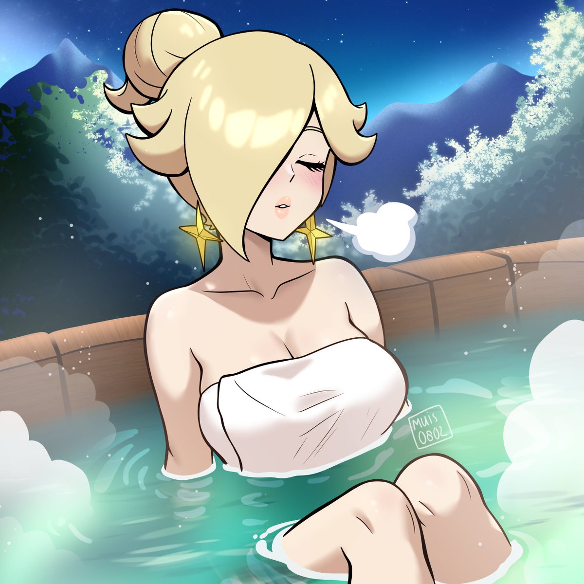 alternate hairstyle, artist name, bare shoulders, big breasts, blonde hair, blush, blush lines, blushing, breasts, breath, cleavage, closed eyes, collarbone, commentary request, earrings, english commentary, female, hair bun, hair over one eye, highres, hot spring, hot springs, jewelry, knees together, large breasts, lips, mario (series), mountainous horizon, muis0802, night, nintendo, onsen, parted lips, partially submerged, princess rosalina, relaxing, sitting, sitting in water, solo, star (symbol), star earrings, steam, towel, towel only, towel over breasts, trees, water