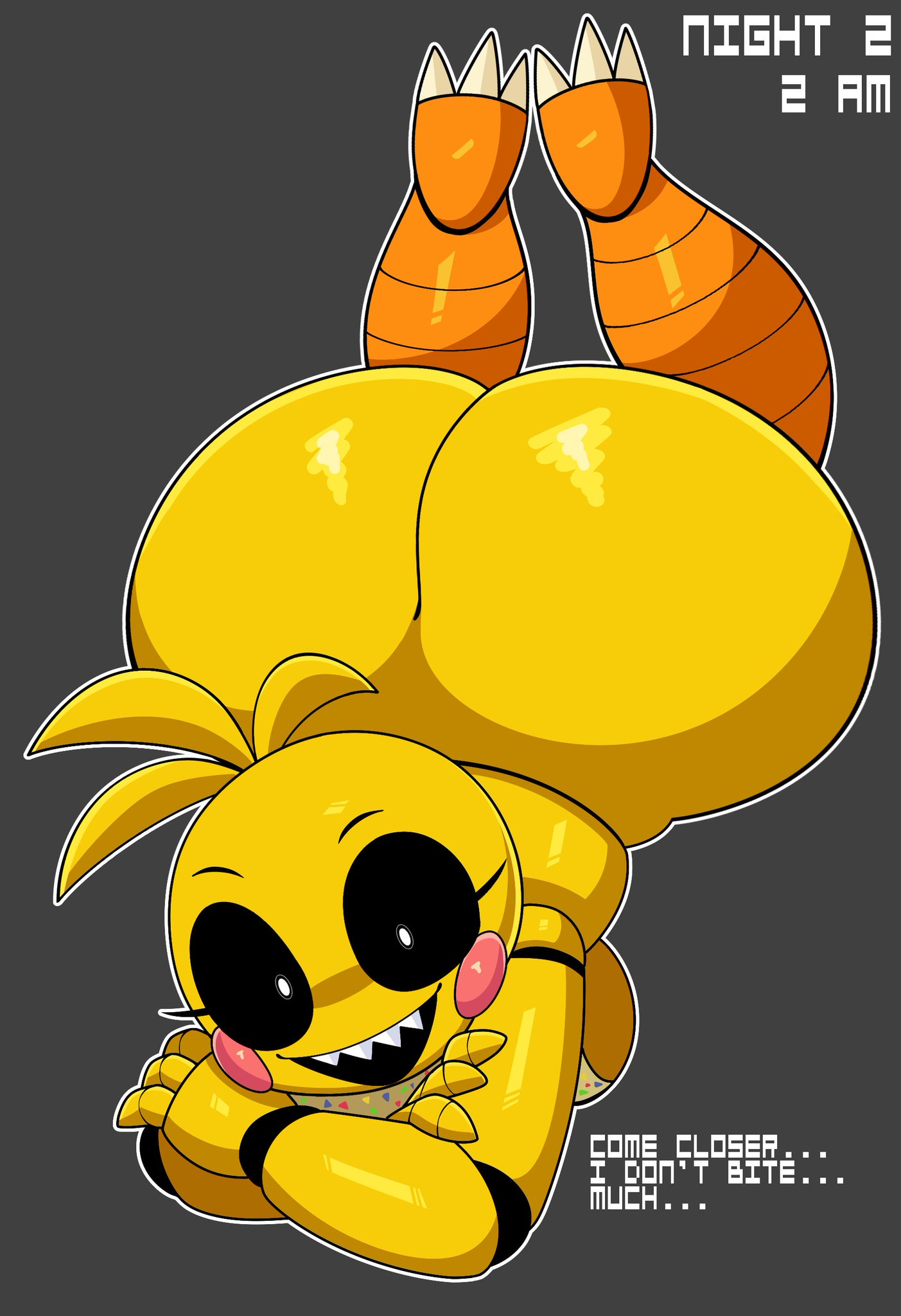1girls, 2025, animatronic, anthro, anthro only, ass bigger than head, ass cleavage, ass focus, ass up, avian, avian feet, avian humanoid, big ass, bird, black eyes, blush, bottom heavy, breast press, breasts, breedable hips, bubble butt, caked up, chica (fnaf), chicken, chicken girl, dumptruck ass, fat ass, female, female only, five nights at freddy's, five nights at freddy's 2, fnaf, furry, furry only, hips wider than shoulders, joints, jutsapostion, laying down, laying on stomach, looking at viewer, massive ass, robot, robot girl, robot humanoid, seductive, sharp teeth, shiny ass, smile, smiling, solo, solo female, the chicken is hot, toy chica (fnaf), wide hips, yellow body