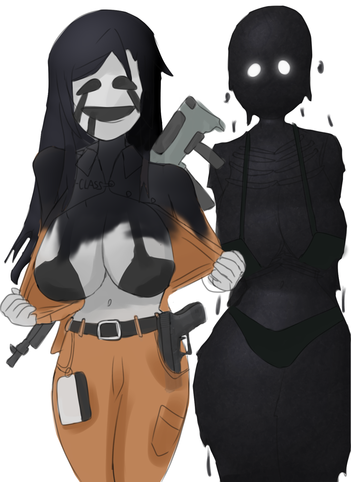 2girls, belly button, belt, big breasts, black skin, bra, breasts, breasts out, cleavage, d-class, dark hair, facility breach, fanart, female, female only, goop, grey skin, gun, large thighs, masked, masked female, open shirt, roblox, roblox game, robloxian, rule 63, scp foundation, scp-035, scp-106, shinyspark0, shirt pull, shirt rip, stomach, tagme, thighs, thong bikini