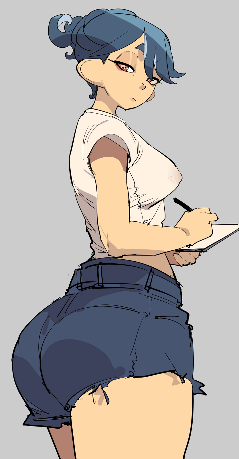 1girls, alternate breast size, ass, big ass, big breasts, breasts, denim, denim shorts, domino mask, earrings, erect nipples, erect nipples under clothes, female, female only, grey hair, hi res, huge ass, huge breasts, inkling, large ass, large breasts, light skin, light-skinned female, nintendo, no bra, open fly, pointy ears, see-through clothing, shiver (splatoon), shorts, simple background, splatoon, splatoon (series), standing, tentacle hair, yuta agc