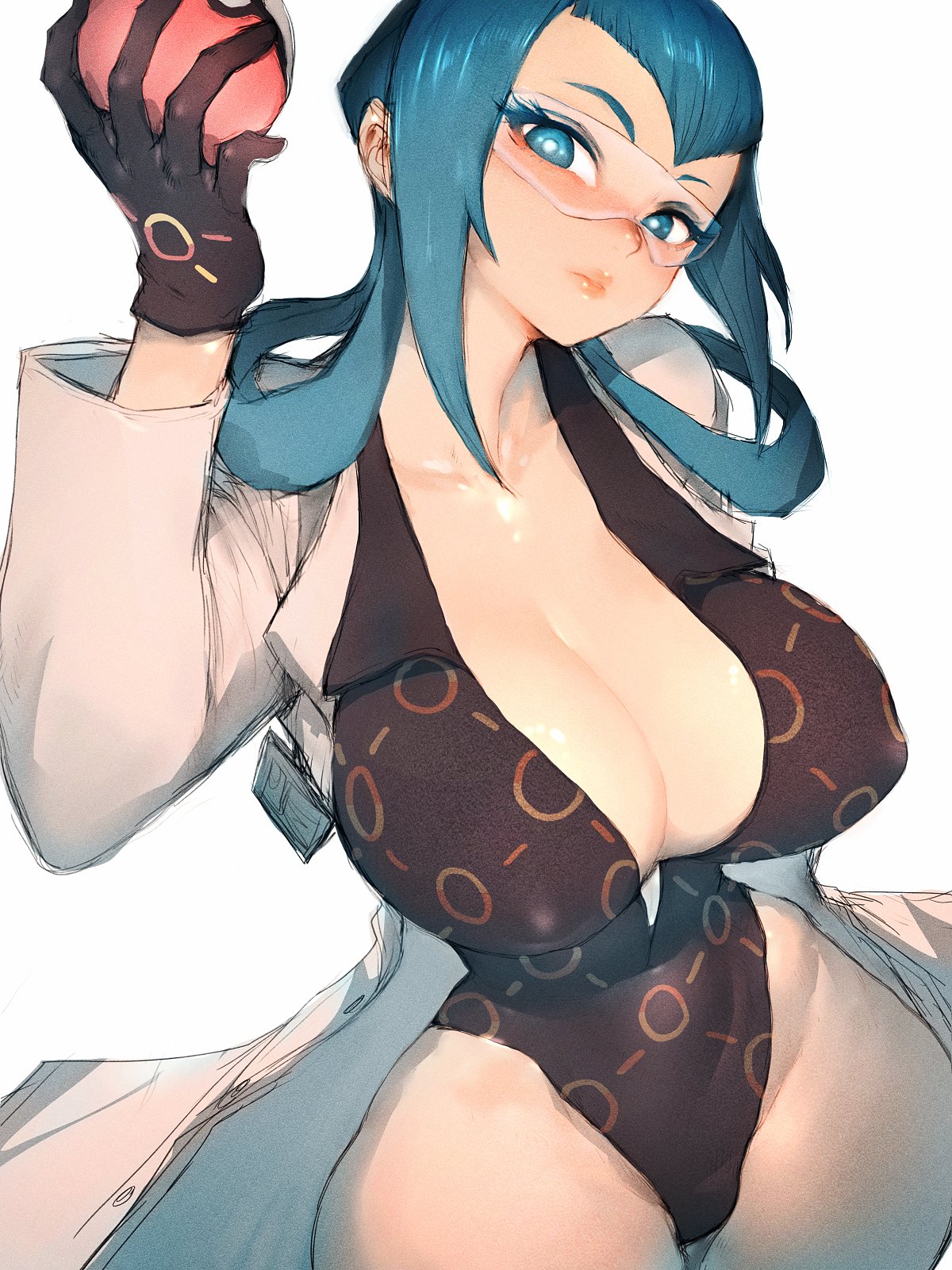 1girls, big breasts, bikini, blue eyes, blue hair, blue necktie, blue-tinted eyewear, breasts, cleavage, coat, covered nipples, female, fumio (rsqkr), game freak, glasses, gloves, hair rings, halterneck, highres, huge breasts, knee brace, lab coat, large breasts, leotard, lips, long hair, long sleeves, looking at viewer, mable (pokemon legends: z-a), mable (pokemon), mature, momiji (pokemon legends: z-a), momiji (pokemon), narrow waist, necktie, nintendo, one-piece swimsuit, open clothes, open coat, pokemon, pokemon legends: z-a, safety glasses, shirt, simple background, smile, solo, swimsuit, thick thighs, thighs, tinted eyewear, white background, white coat, wide hips