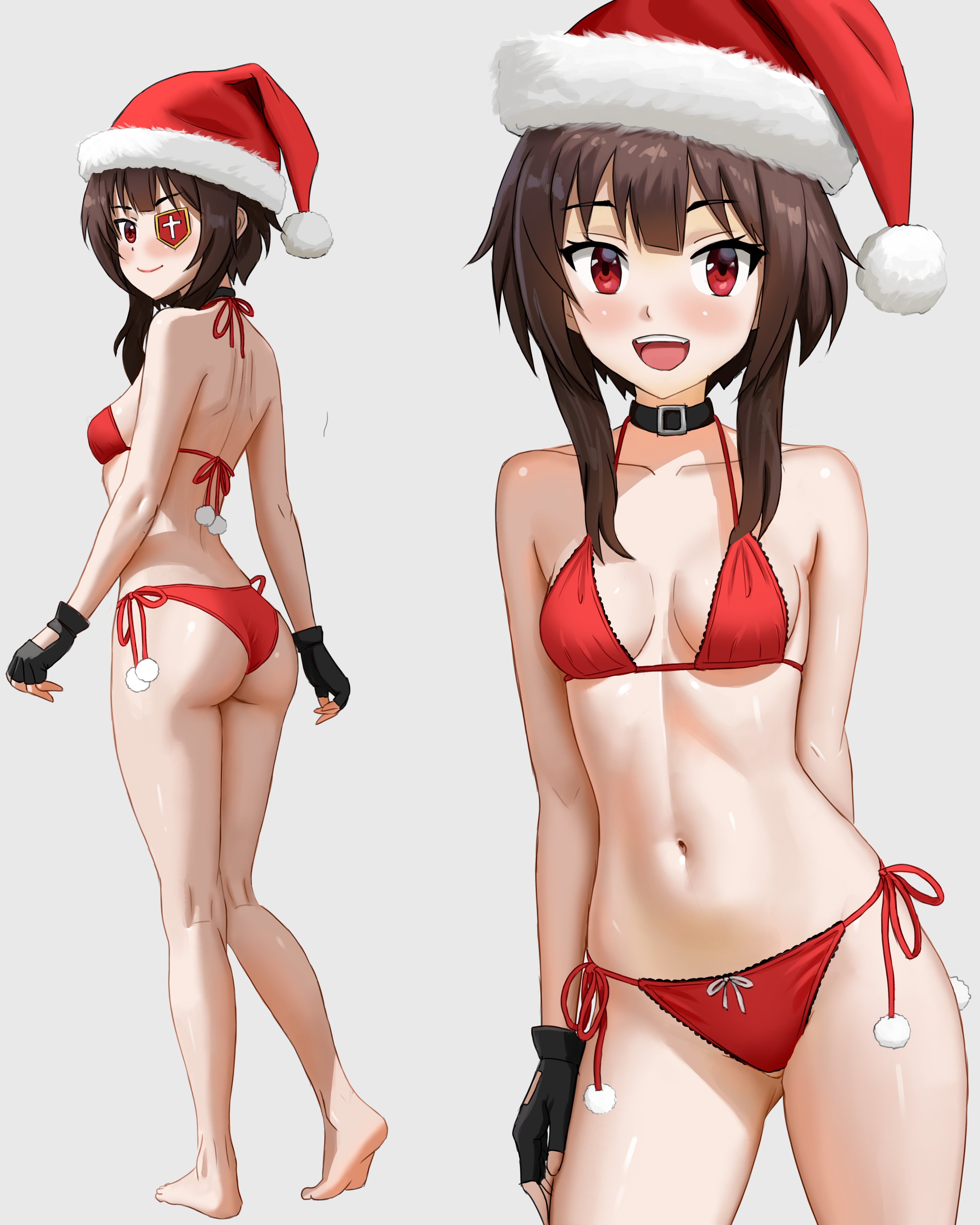 1girls, ai generated, barefoot, bikini, brown hair, christmas, collar, eyepatch, fingerless gloves, josivalart, kono subarashii sekai ni shukufuku wo!, konosuba, light skin, light-skinned female, megumin, petite, red bikini, red eyes, santa hat, small breasts, white background