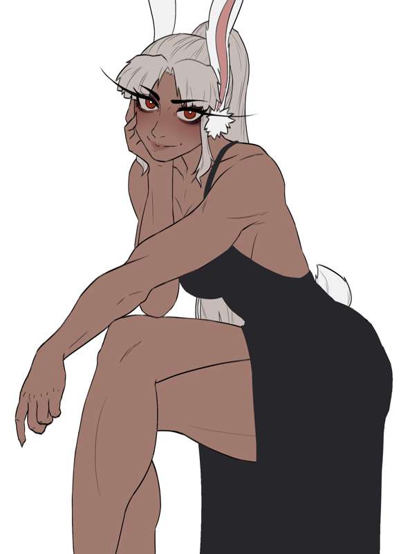 1girls, 2d, 2d (artwork), black dress, clothed, clothed female, dark skin, dark-skinned female, dress, female, female only, long hair, looking at viewer, milf, mirko, miruko, my hero academia, red eyes, rumi usagiyama, sfw, simple background, smile, smiling at viewer, solo, solo female, stopu, straight hair, superheroine, white background, white hair