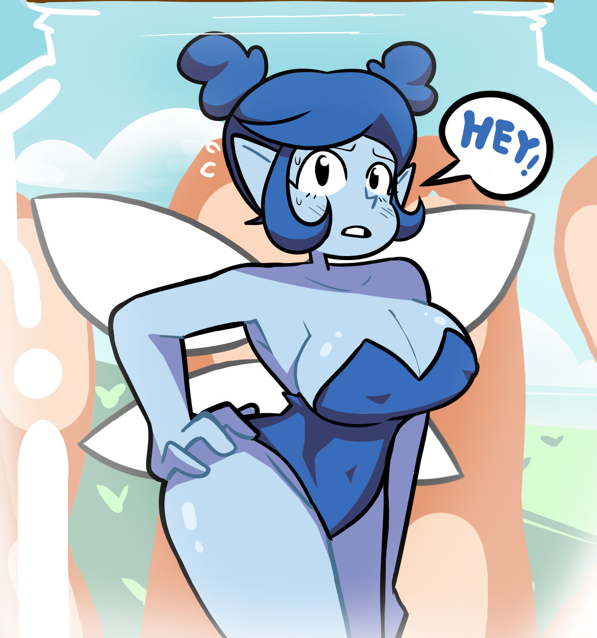 1girls, 2025, black eyes, blue hair, blue skin, blush, breasts, bunnysuit, cleavage, english text, fairy, fairy wings, hand on hip, looking at viewer, mysaltisexposed, navi, nintendo, starbomb, sweat, sweatdrop, tagme, text, the legend of zelda, thighs, tight clothing, wings