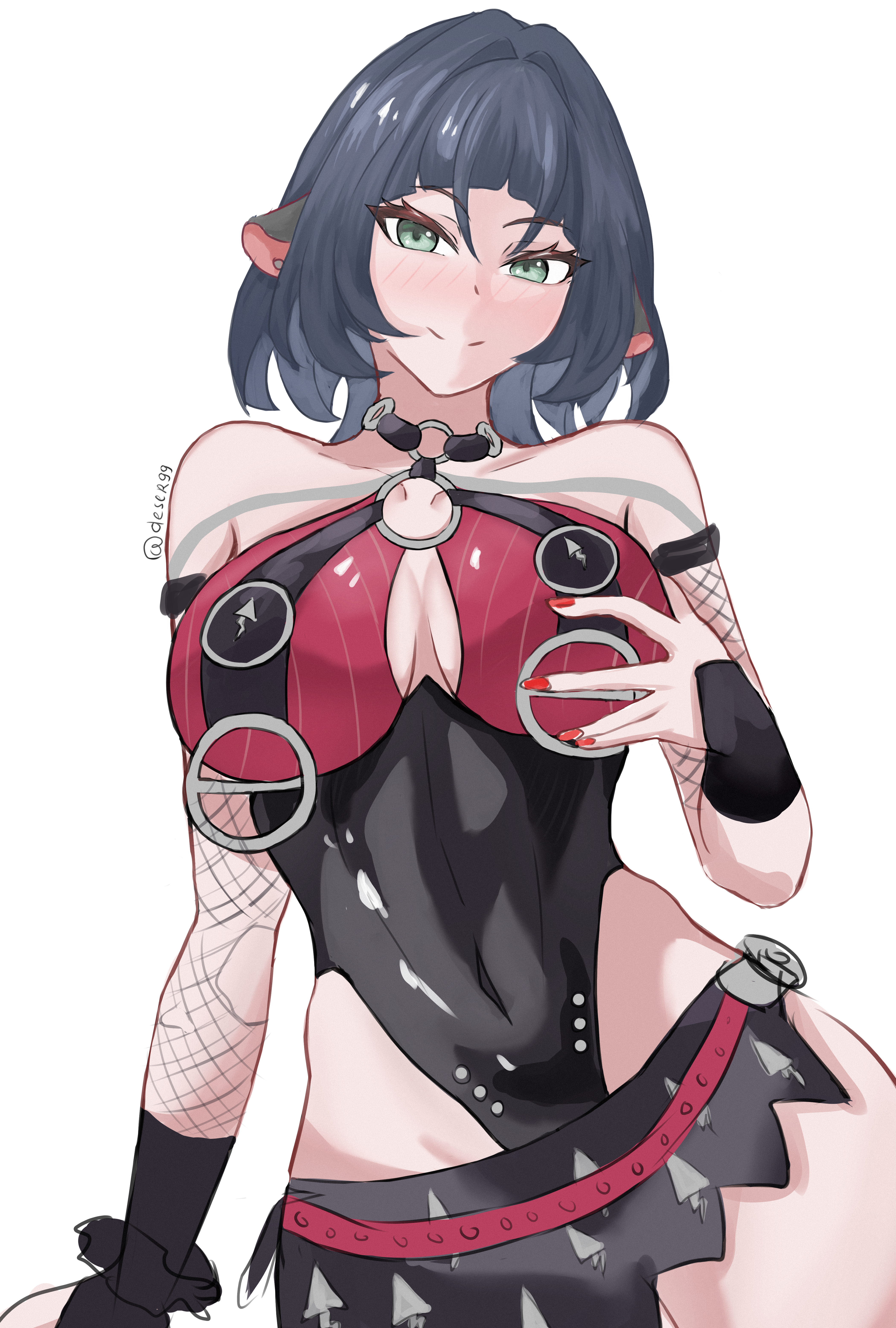 1girls, absurd res, big breasts, boob window, breasts, choker, cleavage, clothed, clothing, deser99, female, female only, fishnets, gray hair, green eyes, highres, hips, jane doe (nocturne of light) (zenless zone zero), jane doe (zenless zone zero), large breasts, latex, light skin, light-skinned female, miniskirt, nail polish, official alternate costume, painted fingernails, painted nails, rat, rat ears, simple background, squish, squished breasts, white background, zenless zone zero