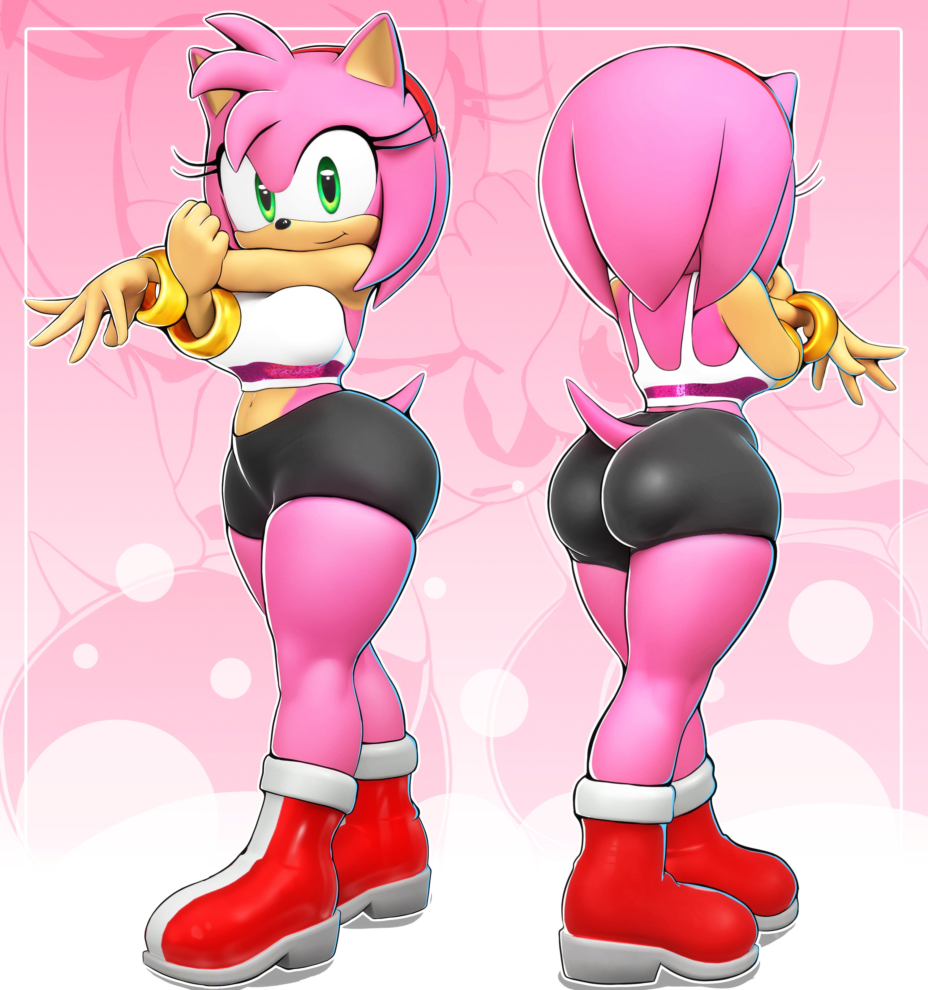 amy rose, ass, athletic female, bubble butt, different angle, different poses, sala3d, sega, sonic (series), sonic the hedgehog (series), spandex shorts, sports bra