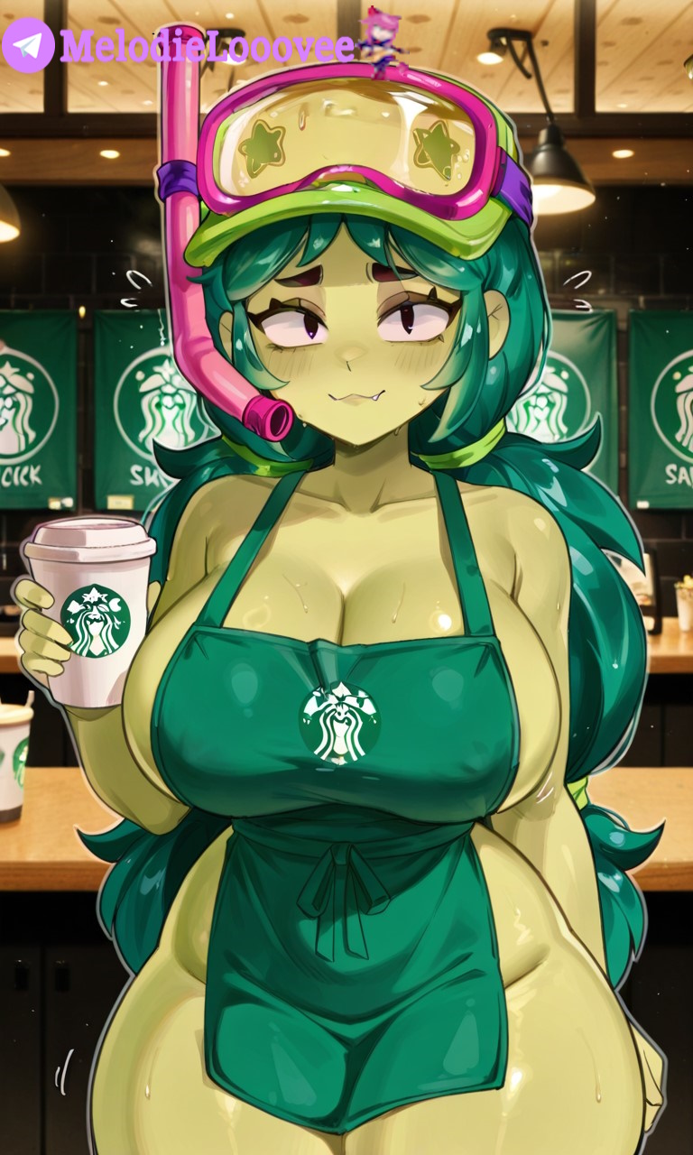 ai generated, alli (brawl stars), brawl stars, green hair, green skin, melodielooovee, naked, telegram