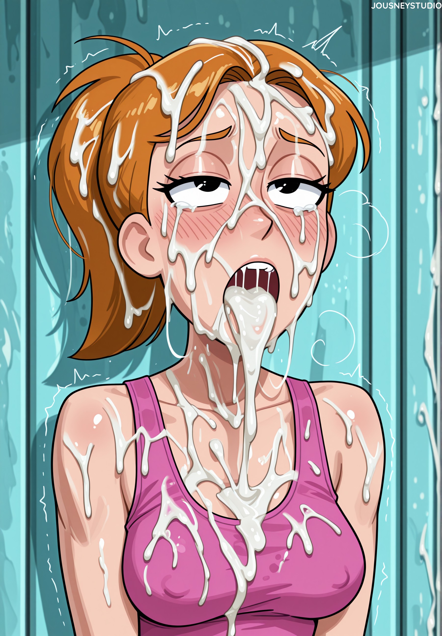 adult swim, after fellatio, ahe gao, ai generated, artist name, bare shoulders, black eyes, blush, breasts, brown hair, bukkake, cleavage, clothing, collarbone, covered nipples, cum, cum in mouth, cum on body, cum on breasts, cum on clothes, cum on hair, cum on tongue, cum string, cumdrip, excessive cum, facial, female, jousneystudio, medium breasts, open mouth, orange hair, patreon username, pink shirt, pink tank top, ponytail, rick and morty, rolling eyes, semen, semen on body, semen on breasts, semen on chest, semen on upper body, shirt, solo, summer smith, tank top, tears, teeth, tongue, tongue out, trembling, upper body, upper teeth only