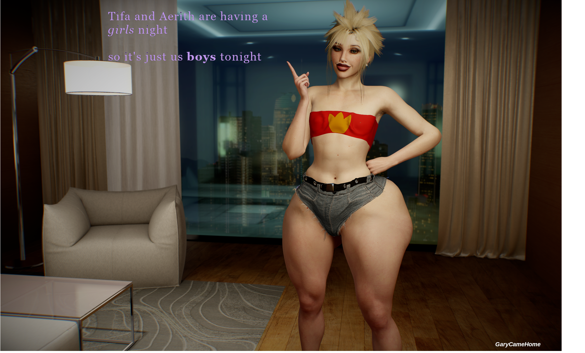 1boy, 3d, 3d (artwork), 3d model, ass eating shorts, bad cropping, big ass, big butt, blonde hair, booty shorts, bottom heavy, bottom heavy femboy, carpet, chair, city background, cloud strife, crop top, curtains, curtains open, english text, femboy, femboy focus, feminine male, final fantasy vii, garycamehome, glass table, hotel room, jean shorts, lamp, light-skinned male, lipstick, looking at viewer, otoko no ko, pear-shaped figure, short hair, sissy, skimpy, skimpy clothes, skimpy outfit, solo, solo male, talking to viewer, thick legs, thick thighs, trap, virtamate, wide hips, window, wooden floor