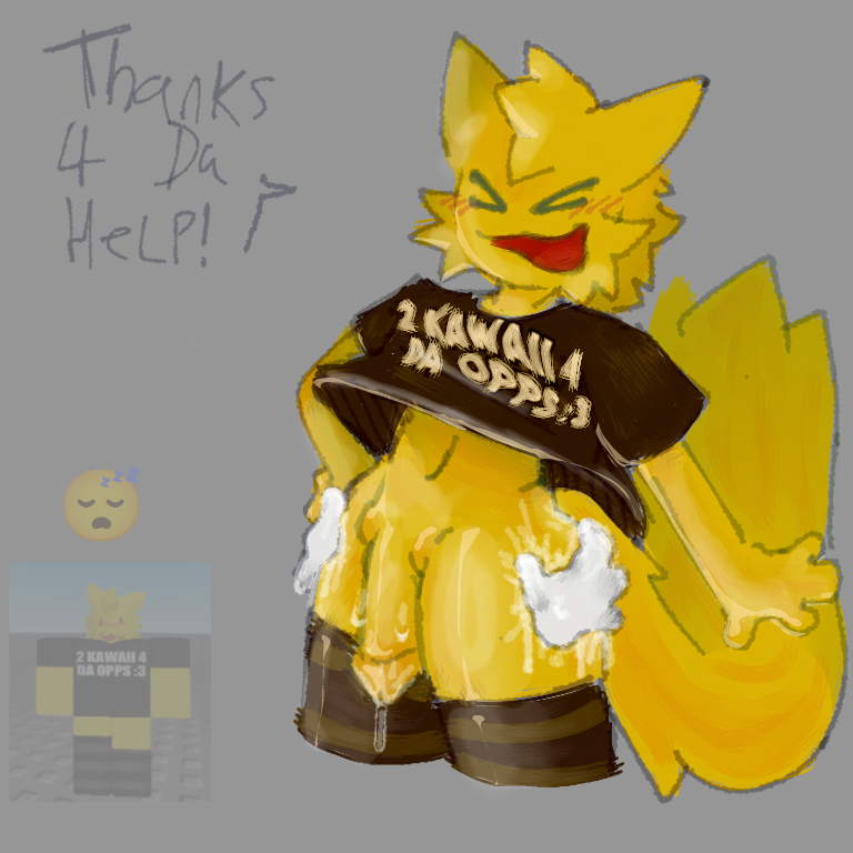 1ambiguous, 1boy, anon, anonymous, cat, cat ears, cat tail, dick, disembodied hands, feline, femboy, feminine male, flarblesnook, furry, jasper (flarblesnook), male, oc, original character, penis, reference image, roblox, roblox avatar, robloxian, self upload, shirt, thigh grab, thighhighs, thighs, white body, white skin, yellow fur