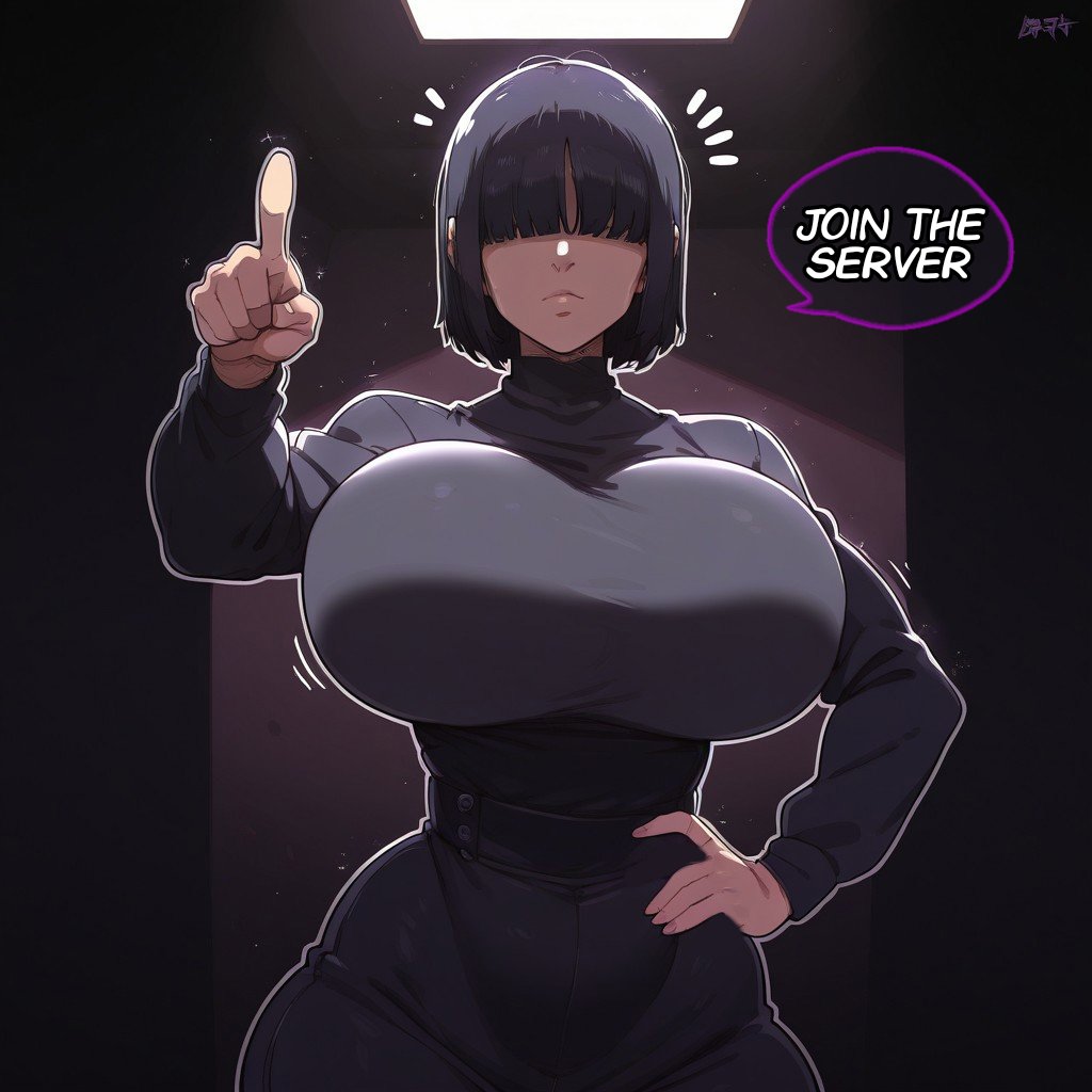 1girls, 2024, ai generated, big breasts, black hair, child bearing hips, dialogue, female, female only, giving orders, hand on hip, huge breasts, hyper breasts, looking at viewer, looking down, oc, original, original character, rokten art, rokten-chan (rokten art), text, tight clothing
