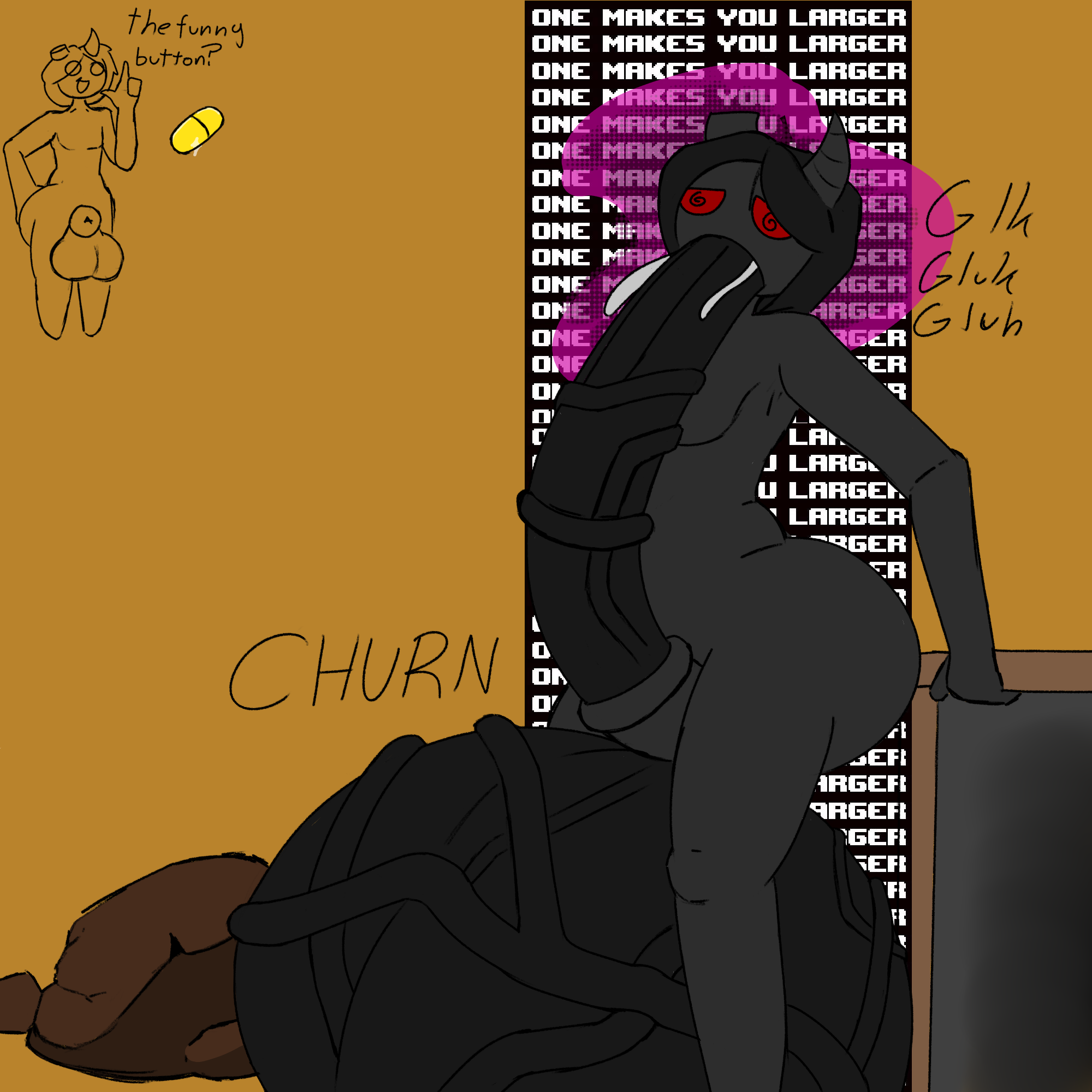 1boy, 2025, 2d, 2d (artwork), aphrodisiac, ass, autofellatio, azazel (the binding of isaac), balls, balls bigger than body, balls bigger than head, balls bigger than penis, balls expansion, before and after, big ass, big balls, big penis, black body, black hair, blowjob, broken horn, churn, churning, churning balls, color, colored, cum, cumming, cumming from giving oral, cumming from oral, cumming in mouth, cumming inside, demon, demon boy, demon horns, doorway, enlargement, equine genitalia, equine penis, erect, erect penis, erection, excessive veins, expansion, fat ass, fellatio, flat colors, gameplay mechanics, giant, gold, gold background, golden pill, growth, growth sequence, holding, holding on, holding onto doorway, horn, horns, horny, horny male, horse penis, horsecock, huge balls, huge cock, hyper, hyper balls, hyper penis, lilithgal, lilithgal2, male, medication, mist, onomatopoeia, oral, oral masturbation, oral penetration, oral sex, orgasm, orgasm from oral, oversized balls, penis, penis bigger than body, penis expansion, penis in mouth, pill, pink mist, red eyes, rock, rocks, short hair, simple background, sketch, solo, spiral eyes, standing, standing sex, sucking, sucking dick, sucking off, sucking own penis, sucking penis, sucking self, sucking self off, supplement, the binding of isaac, vein, veins, veiny, veiny balls, veiny penis