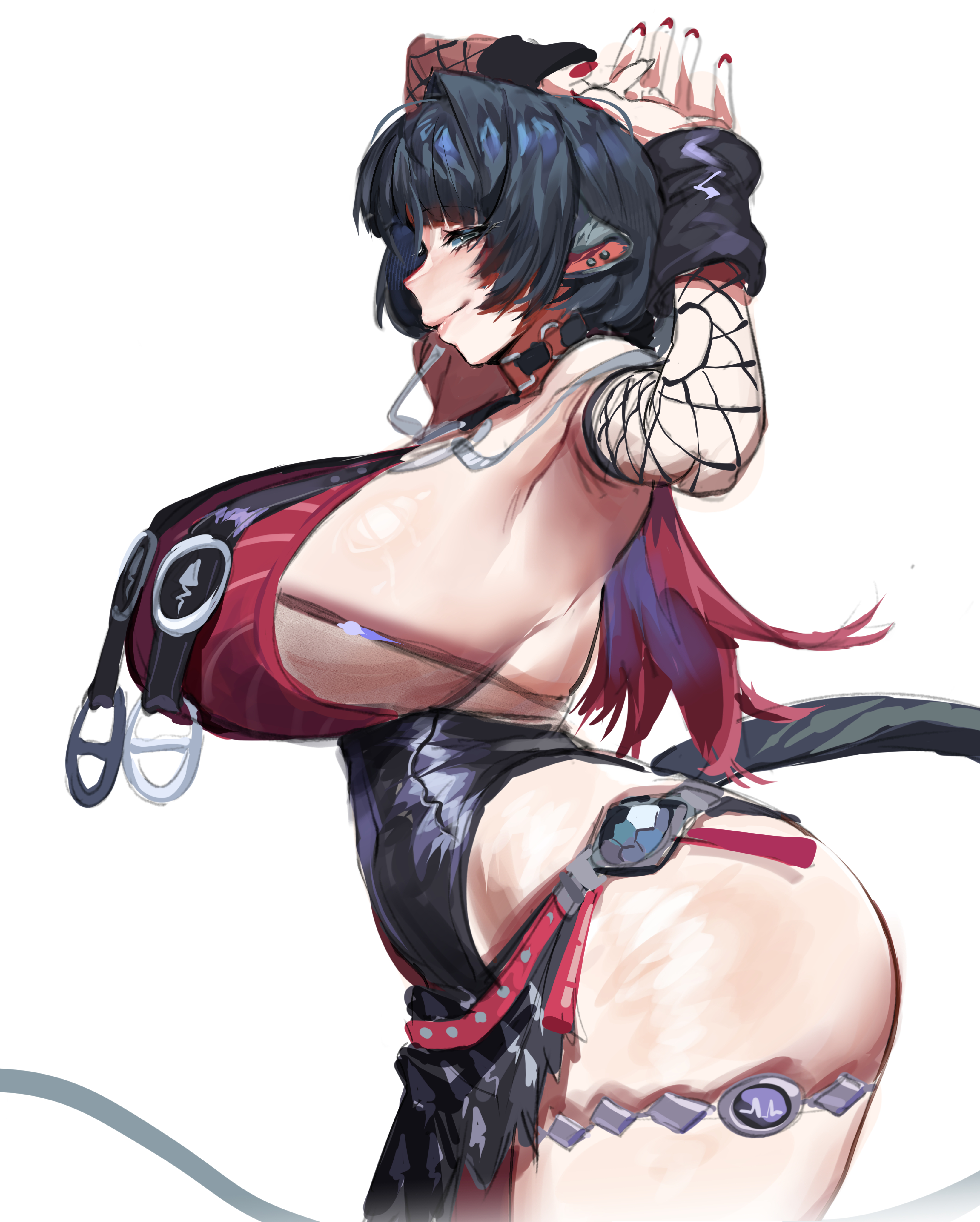 1girls, absurdres, alternate breast size (larger), animal ears, black choker, black hair, black one-piece swimsuit, blue eyes, blunt bangs, choker, commentary, english commentary, female, female only, fishnet sleeves, fishnets, gradient hair, highres, jane doe (nocturne of light) (zenless zone zero), jane doe (zenless zone zero), kemonomimi, long hair, looking at viewer, midnightsunz456, mouse ears, mouse girl, mouse tail, multicolored hair, nail polish, o-ring, o-ring choker, official alternate costume, one-piece swimsuit, painted nails, reallycute456, red hair, red nails, sideboob, skindentation, smile, solo, swimsuit, tail, thigh strap, zenless zone zero