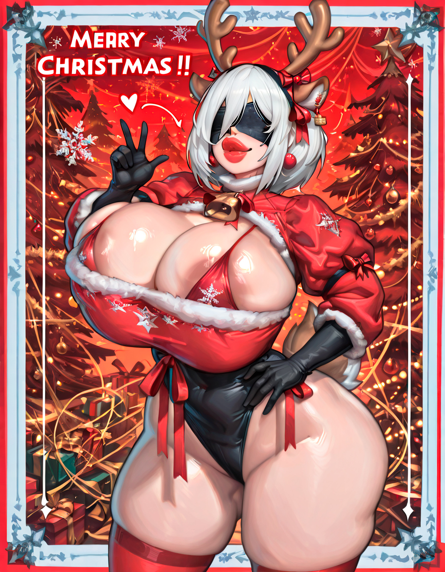 ai generated, areolae, big ass, big breasts, big butt, bimbo, bimbo body, bimbo lips, bimbofication, christmas, christmas clothing, christmas outfit, cleavage, cosplay, costume, curvy body, curvy female, curvy hip, female, female only, hand on hip, huge breasts, huge nipples, micro bikini, nier: automata, posing, posing for the viewer, red lipstick, reindeer, slim waist, starlightnex, stockings, thick, thick ass, thick hips, thick legs, thick lips, thick thighs, thigh highs, thighhighs, thighs, wide hips, yorha 2b