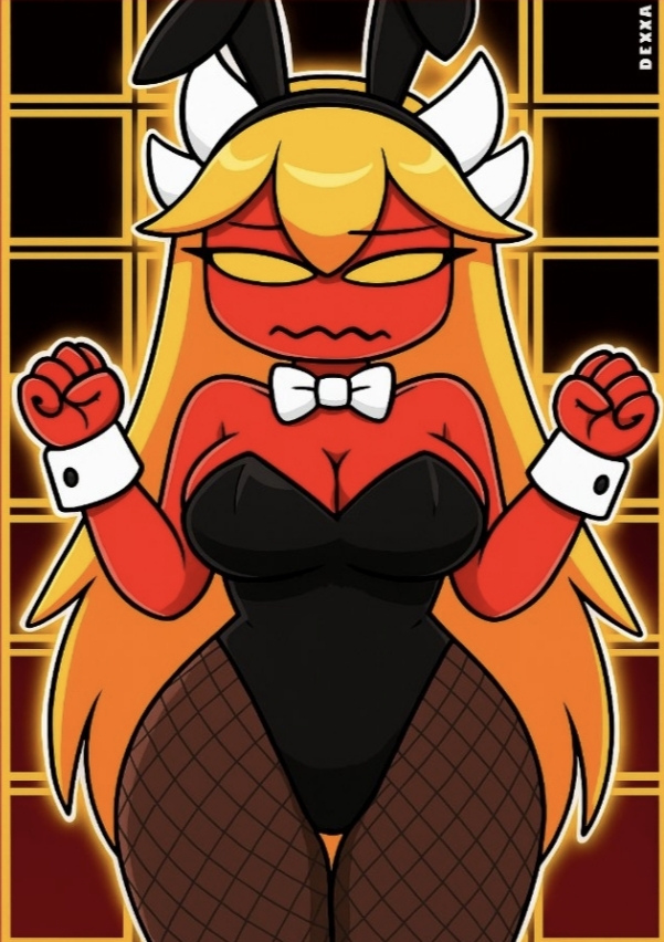 arms up, big breast, breasts, bunnysuit, demon, dexxa, female, geometry dash, horn, horns, insane demon, red skin