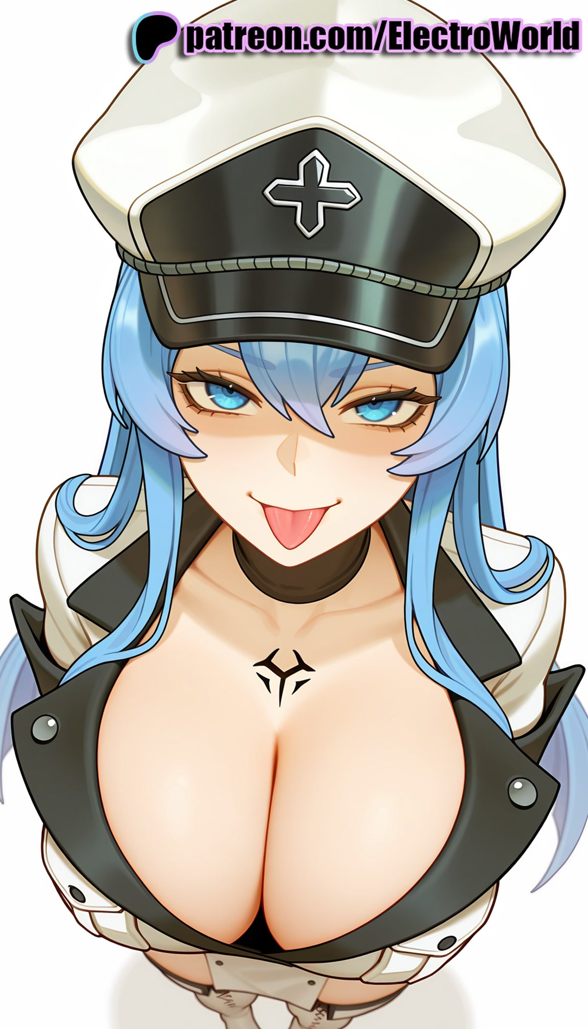 1girls, 2025, ai generated, akame ga kill!, artist name, big breasts, big chest, blue eyes, blue hair, breasts, bust, busty, chest, cleavage, electroworld, esdeath (akame ga kill!), eyebrows visible through hair, female, hat, hi res, high quality, high resolution, highres, large breasts, long hair, looking at viewer, patreon, patreon username, peaked cap, solo, stable diffusion, tongue, tongue out, watermark