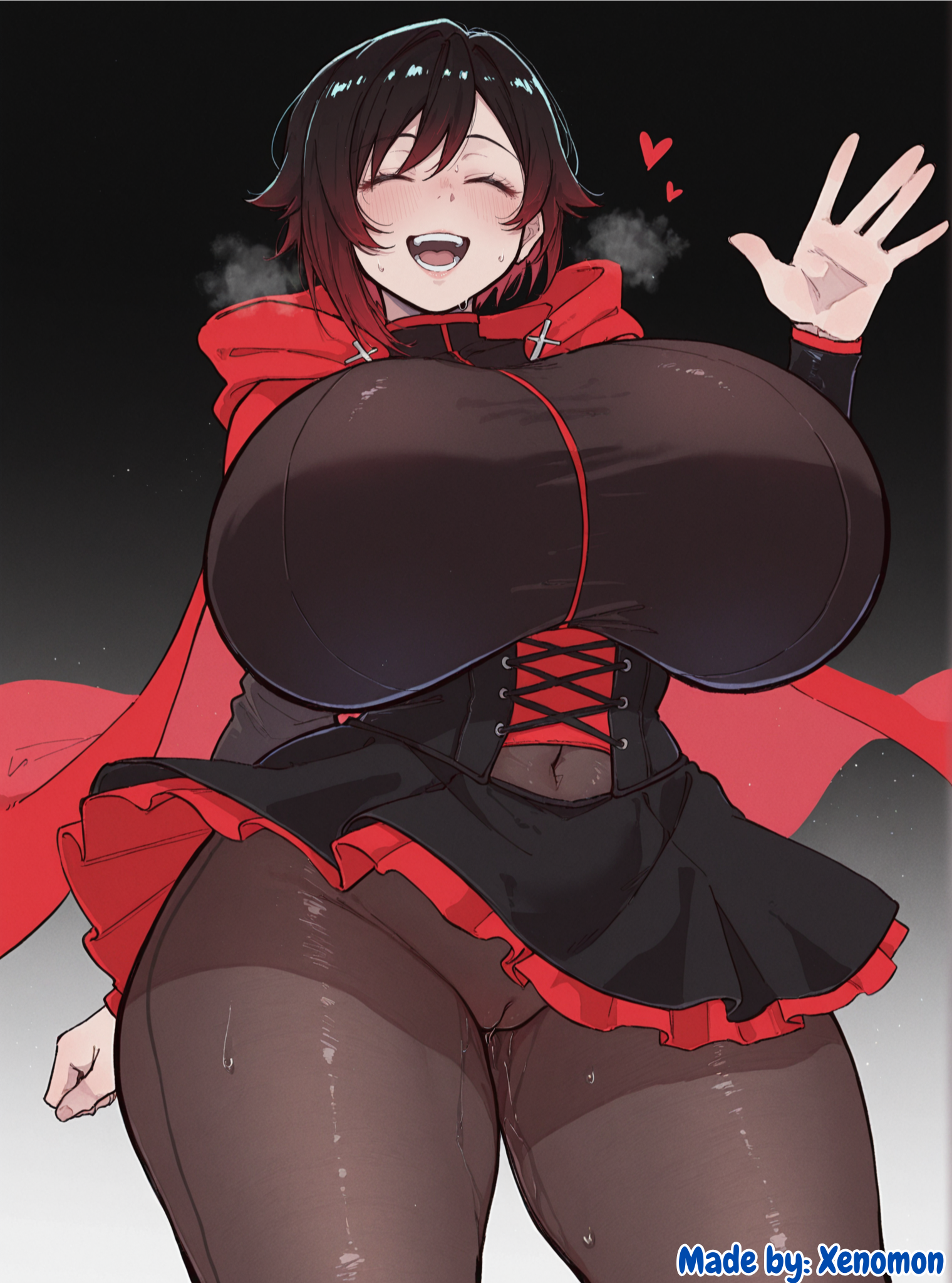 1girl, 1girls, absurd res, absurdres, ai generated, alternate breast size, big breasts, black background, black hair, breasts, breasts bigger than head, breasts bigger than torso, cameltoe, closed eyes, comfyui, corset, covered navel, curvaceous, curvy, curvy female, dress, female, female focus, female only, from below, gigantic breasts, gradient background, happy, heavy breathing, highres, hooded cloak, hourglass figure, hourglass figured female, huge breasts, large breasts, light-skinned female, looking at viewer, massive breasts, narrow waist, pantyhose, pussy juice, red hair, rooster teeth, ruby rose, rwby, short hair, simple background, skirt, solo, solo female, solo focus, stable diffusion, sweat, taut clothes, thick thighs, tight clothing, top heavy, top heavy breasts, two-tone hair, waving, wide hips, wind lift, xenomon