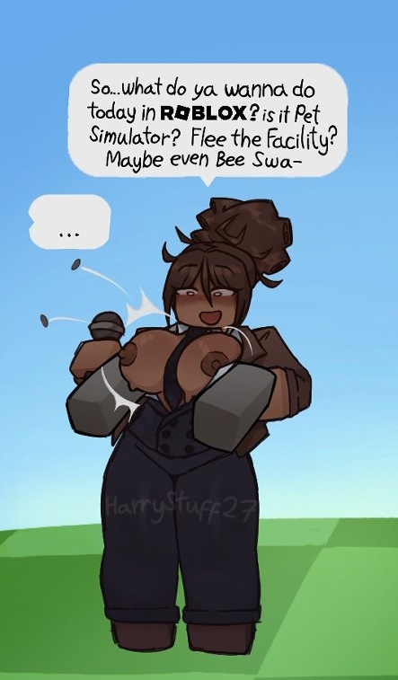 1boy, 1girls, 2025, anonymous male, areolae, artist name, black pants, black tie, blush, breasts, breasts out, brown coat, brown hair, brown shoes, brown skin, brown sleeves, brown-skinned female, button pop, clothed, clothed female, coat, comic, dialogue, disembodied hands, edit, english text, eyebrows, eyebrows visible through hair, female, female focus, fully clothed, fully clothed female, grey background, grey skin, hair bun, harrystuff27, holding microphone, holding object, host (roblox), long hair, long sleeves, looking at another, male, medium breasts, microphone, news lady (roblox), nipples, now playing on roblox, offscreen character, offscreen male, open mouth, pants, roblox, robloxian, shoes, simple background, sleeves, smile, speech bubble, standing, surprised, text, text bubble, thick thighs, thighs, third-party edit, tie, tie between breasts, tied hair, twitter, twitter link, unbuttoned, unbuttoned shirt, undressing, watermark, white shirt