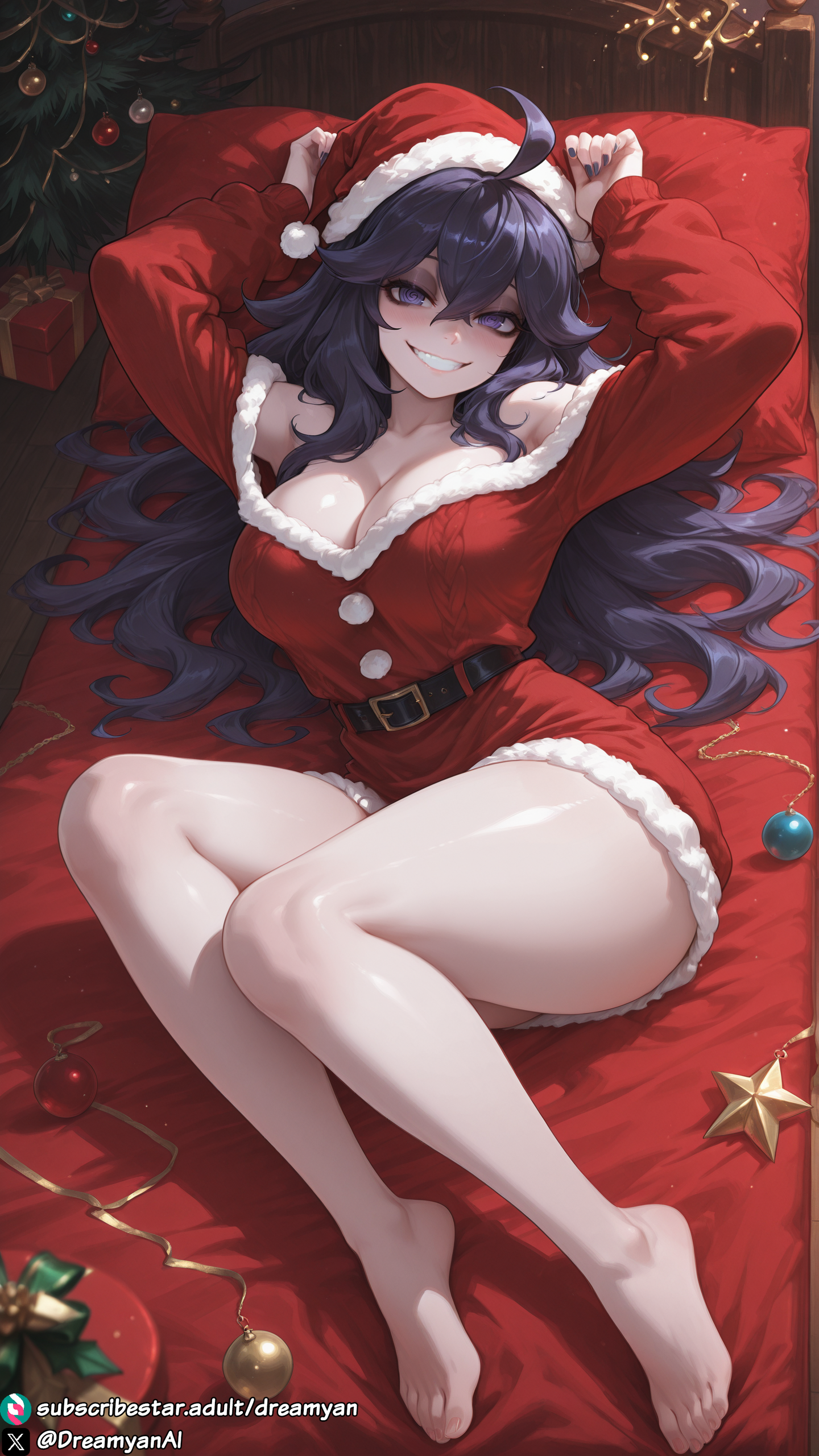 @ @, 1girls, ai generated, arms up, bare arms, bare legs, bare shoulders, bare thighs, barefoot, big breasts, breasts, christmas, christmas outfit, curvy, curvy body, curvy female, dark hair, dreamyan ai, feet, female, female focus, female only, full body, hex maniac, hi res, high quality, high resolution, highres, huge breasts, long hair, looking at viewer, lying, lying on back, messy hair, on back, pokemon, purple eyes, purple hair, santa hat, seductive, seductive eyes, seductive look, seductive mouth, seductive pose, seductive smile, smile, smiling, solo, solo female, solo focus, sweater, thick ass, thick thighs, thighs, toes, uncensored, very long hair