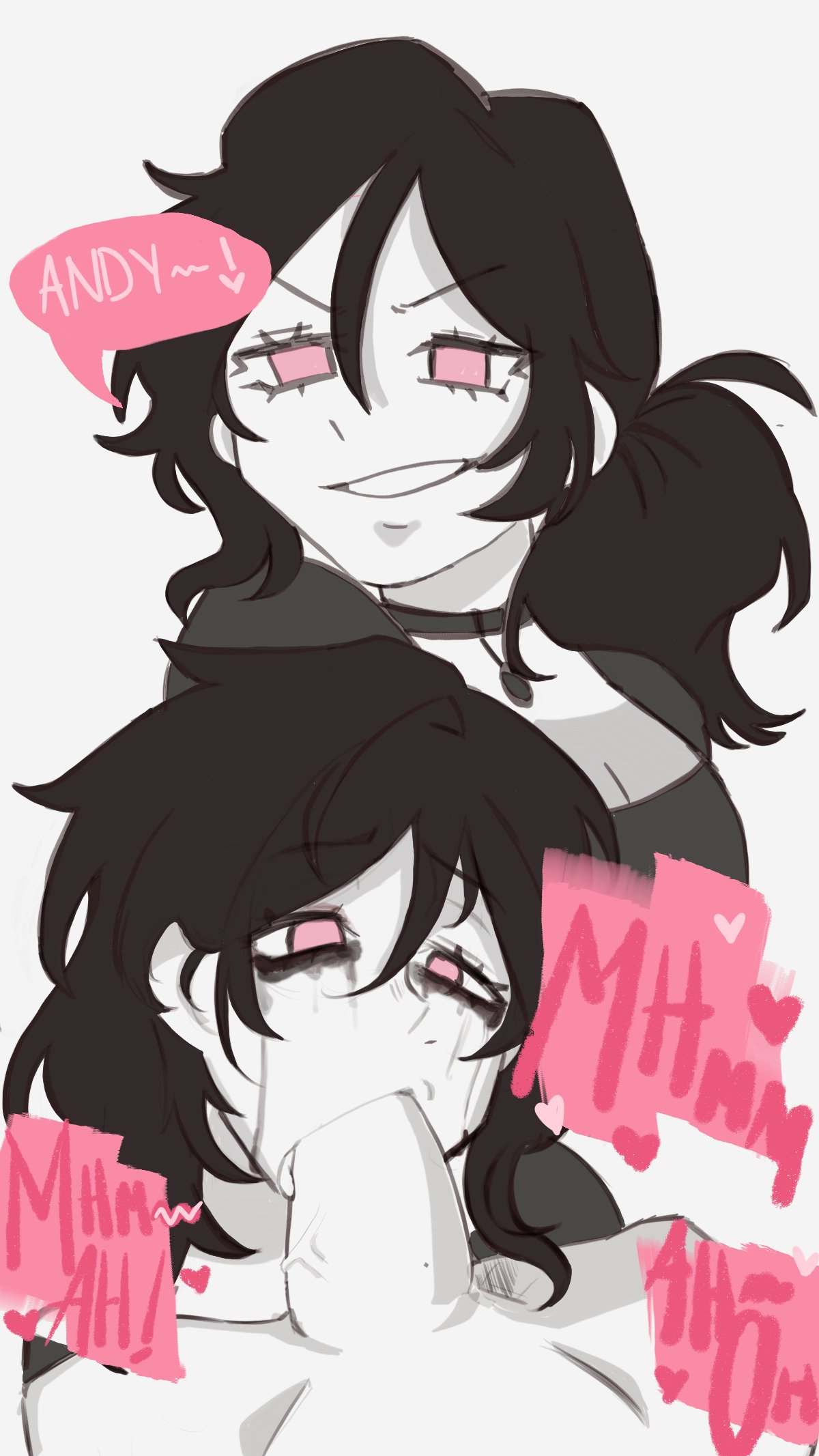 1boy, 1girls, 2d, andrew graves, ashley graves, black hair, blowjob, brother and sister, choker, english text, fellatio, female, incest, male, oral, pink eyes, ponytail, ruined makeup, runny makeup, senchadows, siblings, straight, the coffin of andy and leyley