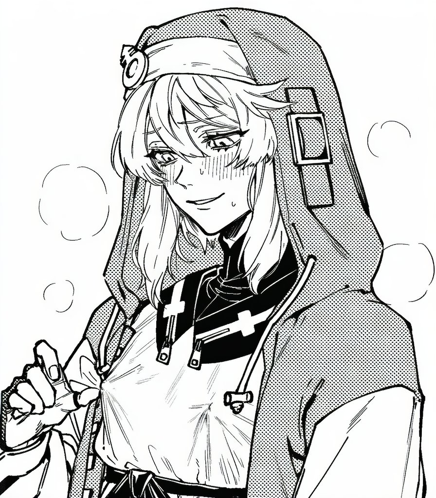 ai generated, black and white, blush, bridget, guilty gear, guilty gear strive, hulijinq, looking pleasured, nipple bulge, nipples, playing with nipple, pointy nose, smile, steam, trans woman