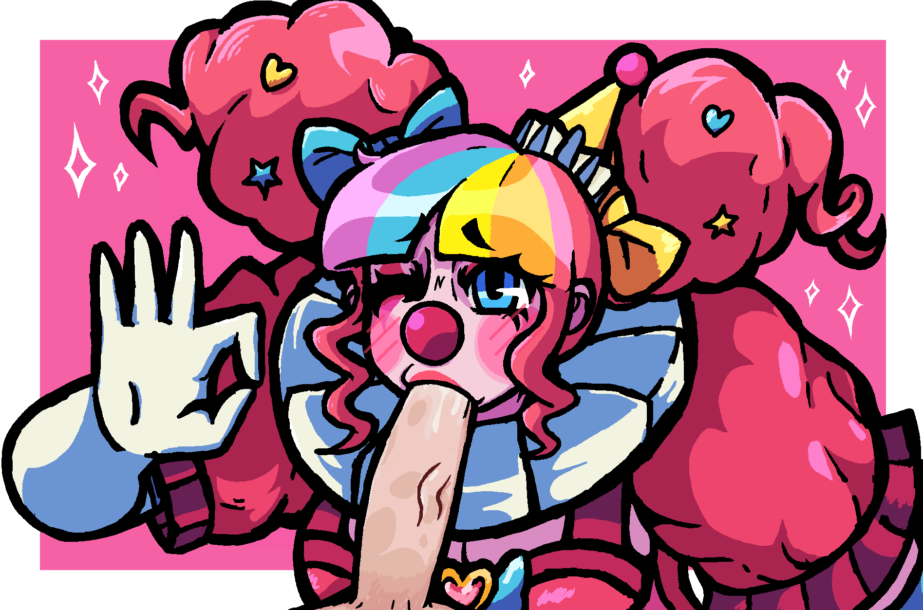 1boy, 1girls, april (monster prom), april first, blowjob, blue eyes, blush lines, clown, clown girl, clown makeup, commission, drooling on penis, ezik (artist), female, female focus, monster con, monster prom, multicolored hair, ok sign, one eye closed, pink hair, pink skin, sucking, sucking penis, white penis