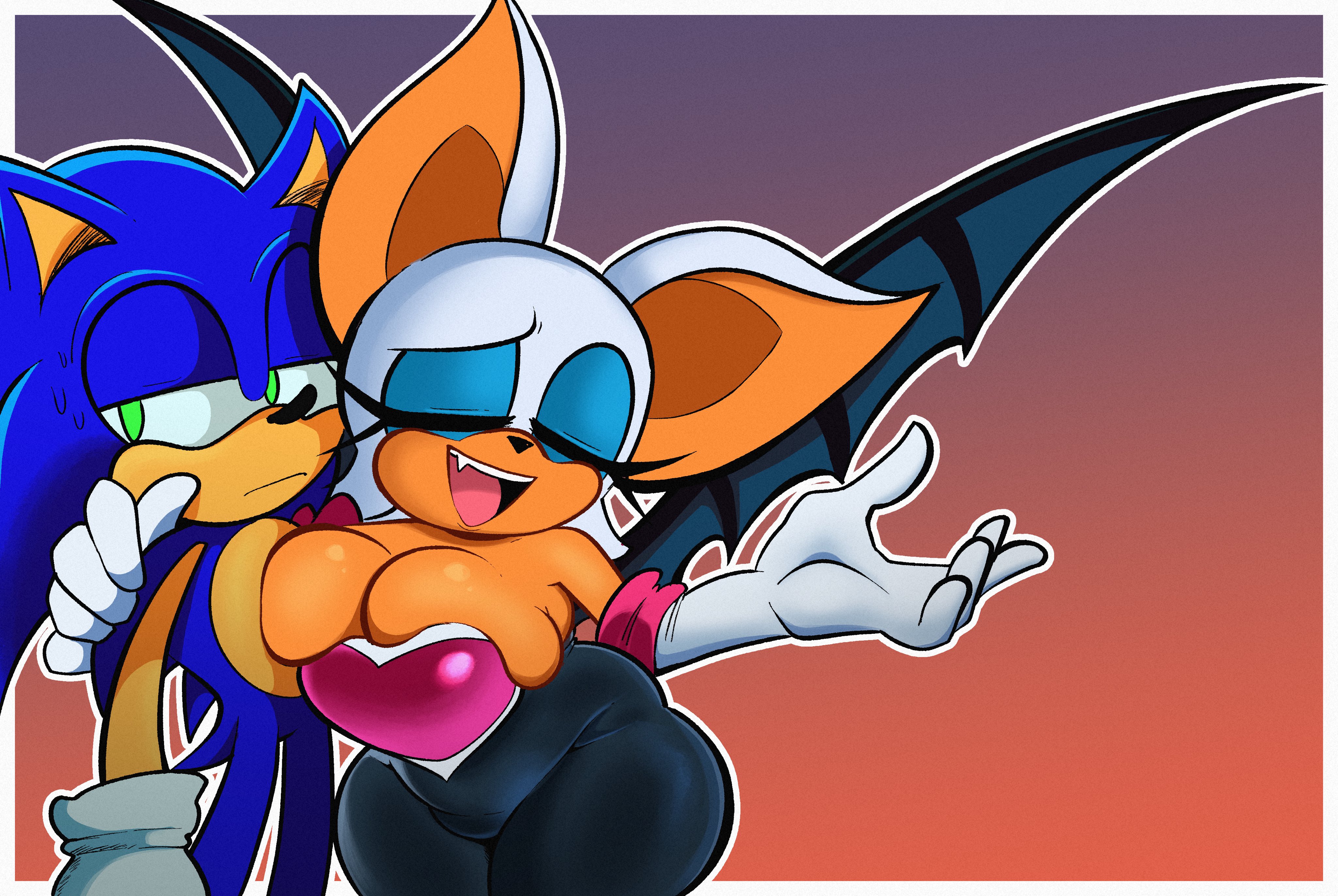 absurd res, anthro, bat, big breasts, bodysuit, breasts, cleavage, clothed, clothing, curvy figure, duo, eulipotyphlan, female, hedgehog, hi res, huge breasts, ljigpjom, male, male/female, mammal, overflowing breasts, rouge the bat, sega, skindentation, skinsuit, smile, sonic (series), sonic the hedgehog, sonic the hedgehog (series), tight clothing, voluptuous, wings