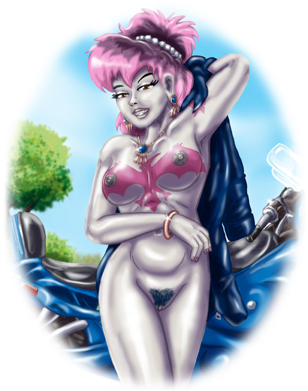 2015 armpits bracelet breasts brown_eyes clothing ear_piercing fangs female goblin goblin_female hair hand_behind_head humanoid jewelry looking_at_viewer motorcycle navel nipples nude outside piercing pink_hair pubes pussy raised_arm short_hair solo stylewager tattoo tree