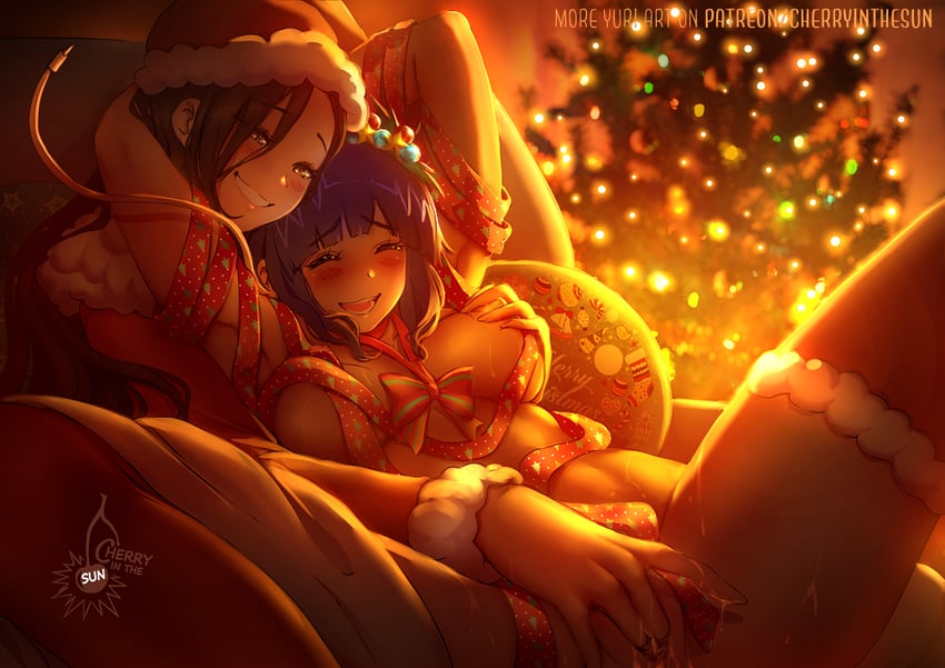 2girls, black hair, black-haired female, cherryinthesun, christmas, female, female only, gift wrapped, kyoka jiro, momo yaoyorozu, multiple girls, my hero academia, nude, purple hair, purple-haired female, wholesome, wholesome sex, yuri
