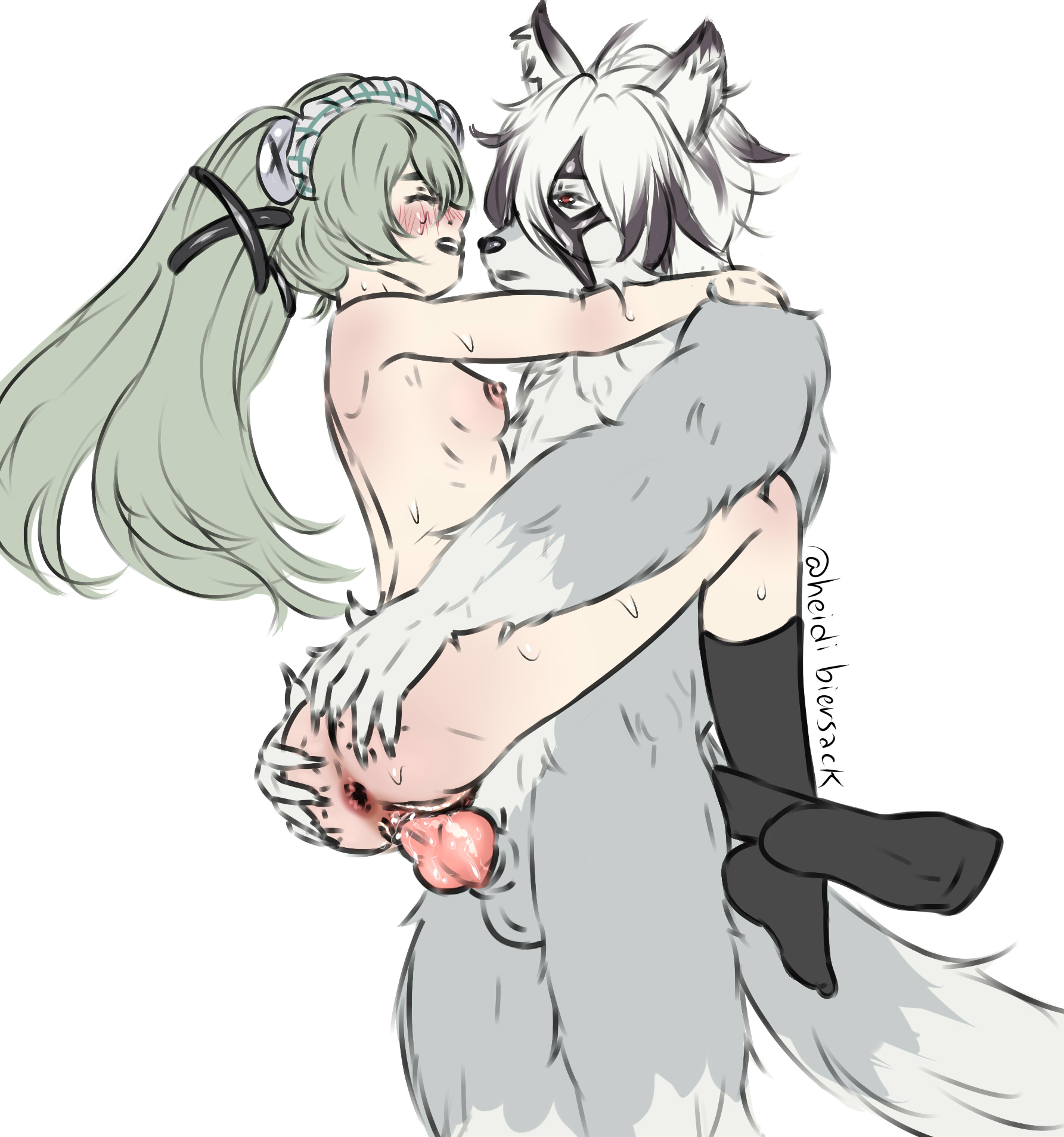 1boy, 1girls, anthro, anthro dominating human, anthro male, anthro on human, anthro penetrating, anthro penetrating human, anus, ass, ass grab, blush, canine, canine on human, closed eyes, corin wickes, eyepatch, female, furry on human, gaping anus, green hair, heidibiersack, hugging, knot, knotted penis, long hair, loving it, male, male anthro/female human, nipples, open mouth, pale-skinned female, penetration, penis, penis in pussy, pleasure face, pussy, pussy juice, ribs, sex, small breasts, smaller female, socks, spread legs, tail, twintails, vaginal penetration, von lycaon, zenless zone zero