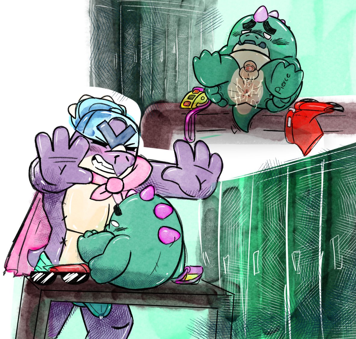bara, brawl stars, buzz (brawl stars), cum between ass, cum in ass, cum in pussy, cumshot, dinosaur, gay, muscular, pierce (brawl stars), speedo, speedo down, yaoi