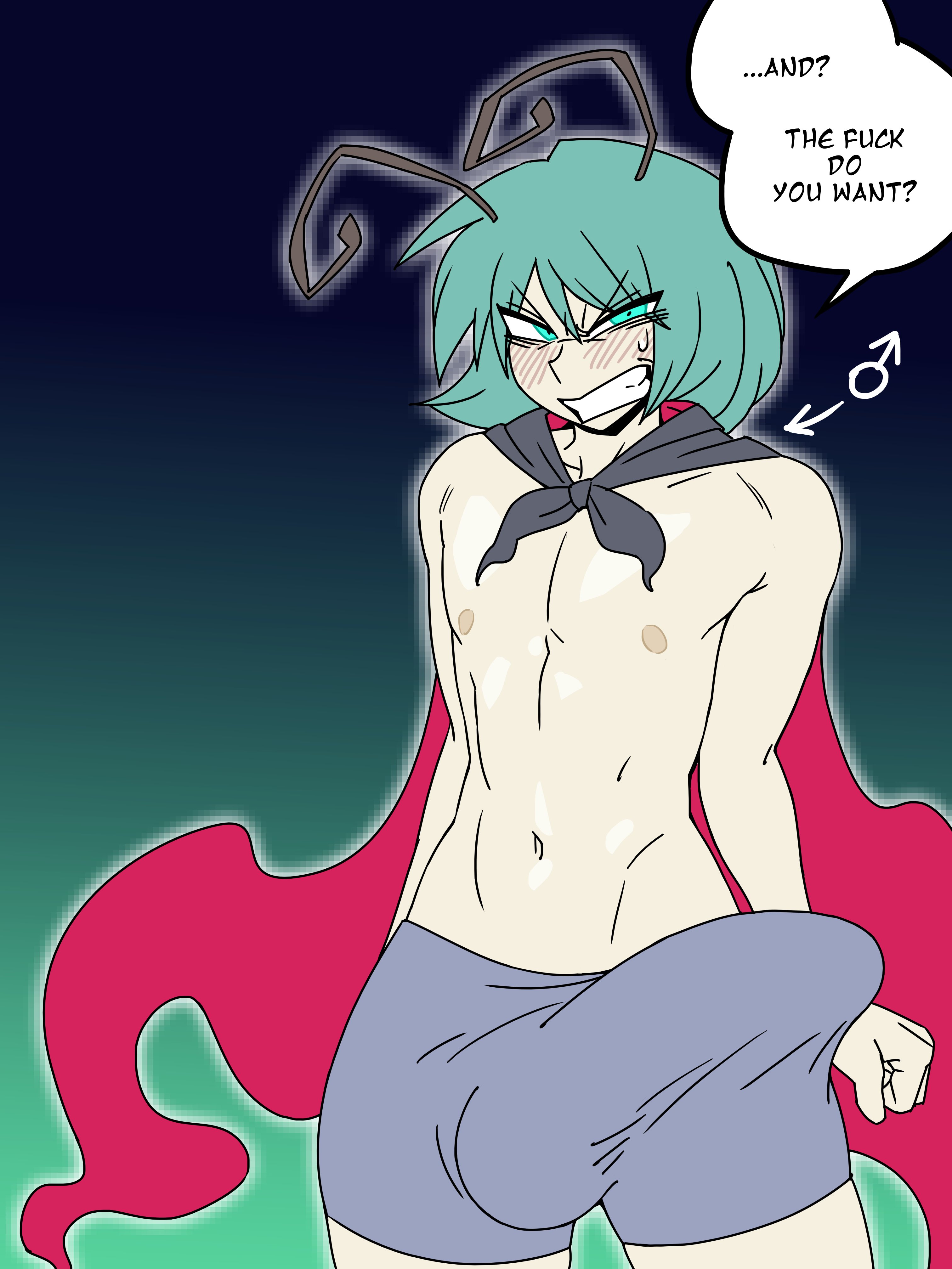 1boy, angry, antennae, big penis, blushing, blushing male, bulge, eddybird, erection, femboy, genderswap, genderswap (ftm), hard cock, hung femboy, hung trap, licking nipples, male, rule, rule 63, shirtless male, touhou, touhou project, wriggle nightbug