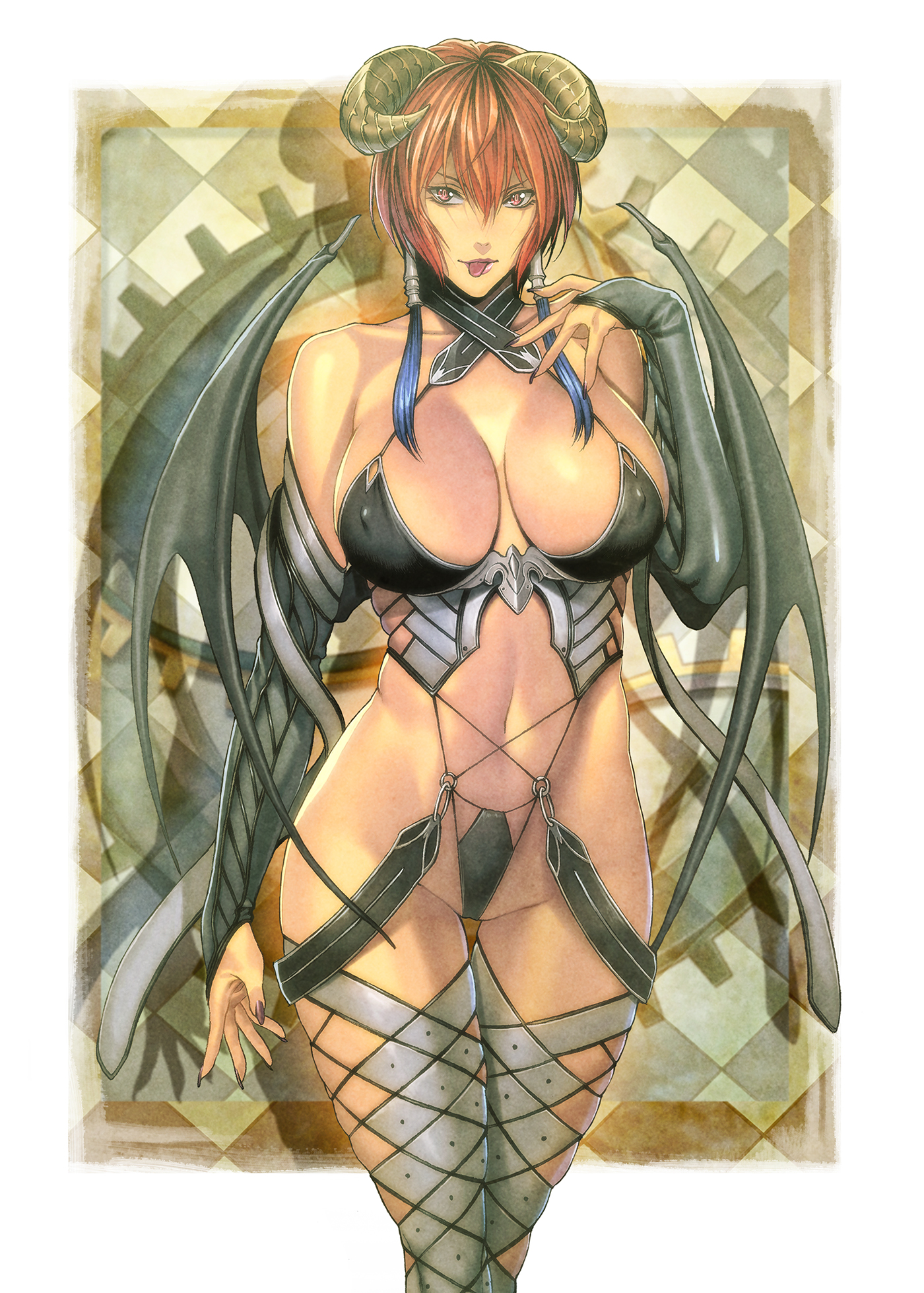 breasts, demon, female, homare (fool's art), horns, large breasts, nail polish, red hair, short hair, solo