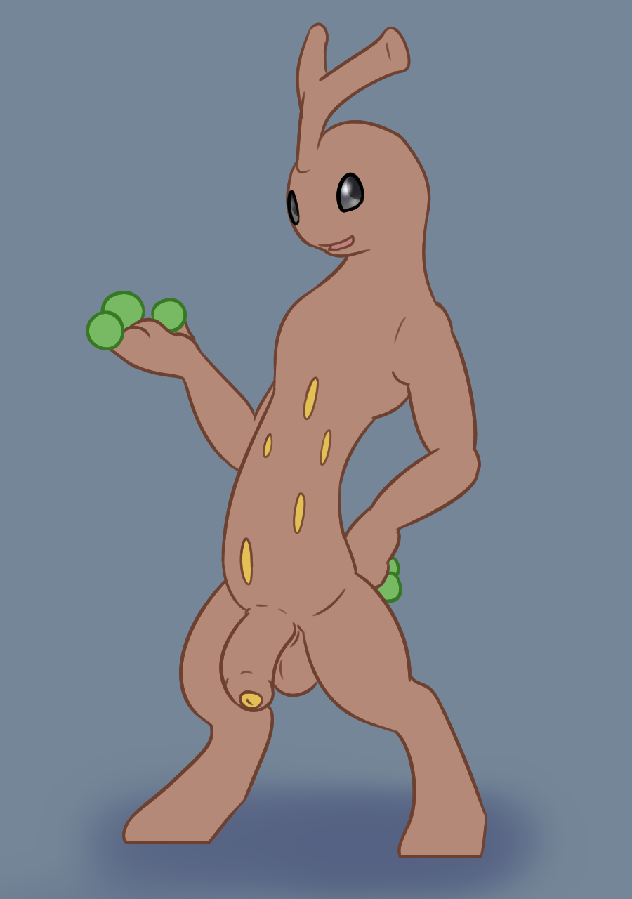 1boy 3_fingers anthro armpits balls barefoot black_eyes brown_skin flaccid front_view grey_sclera humanoid_penis looking_at_viewer male male_only nintendo nude open_mouth partially_retracted_foreskin penis pokemon posexe presenting simple_background smile solo spots standing sudowoodo treant tree uncut video_games