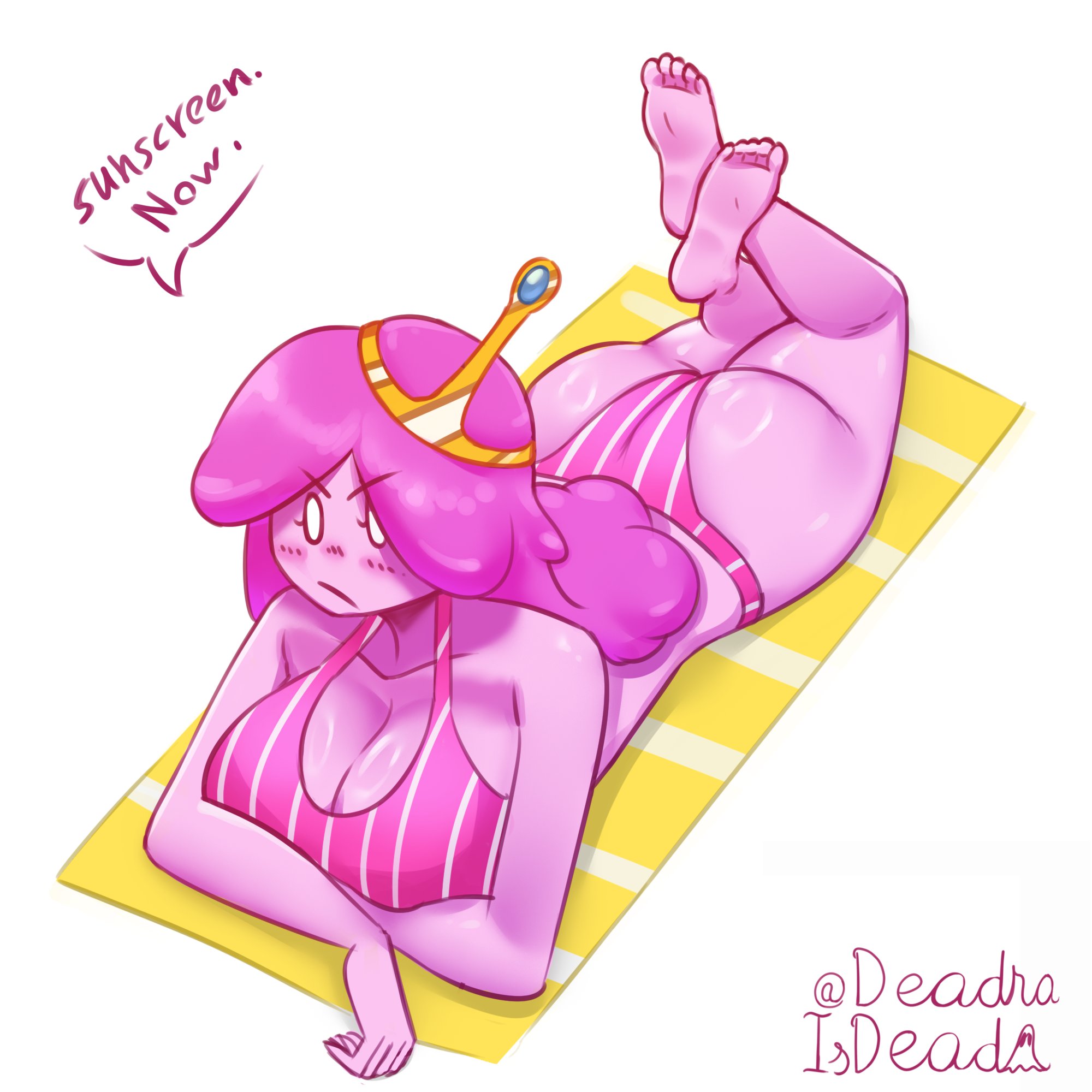 adventure time, ass, bare shoulders, barefoot, beach towel, bikini, bikini top, blush, breasts, cleavage, crown, deadraisdead, headgear, large breasts, legs, legs up, long hair, looking at viewer, lying, lying on stomach, pink body, pink hair, princess bubblegum, speech, speech bubble, tagme, text, towel, white eyes