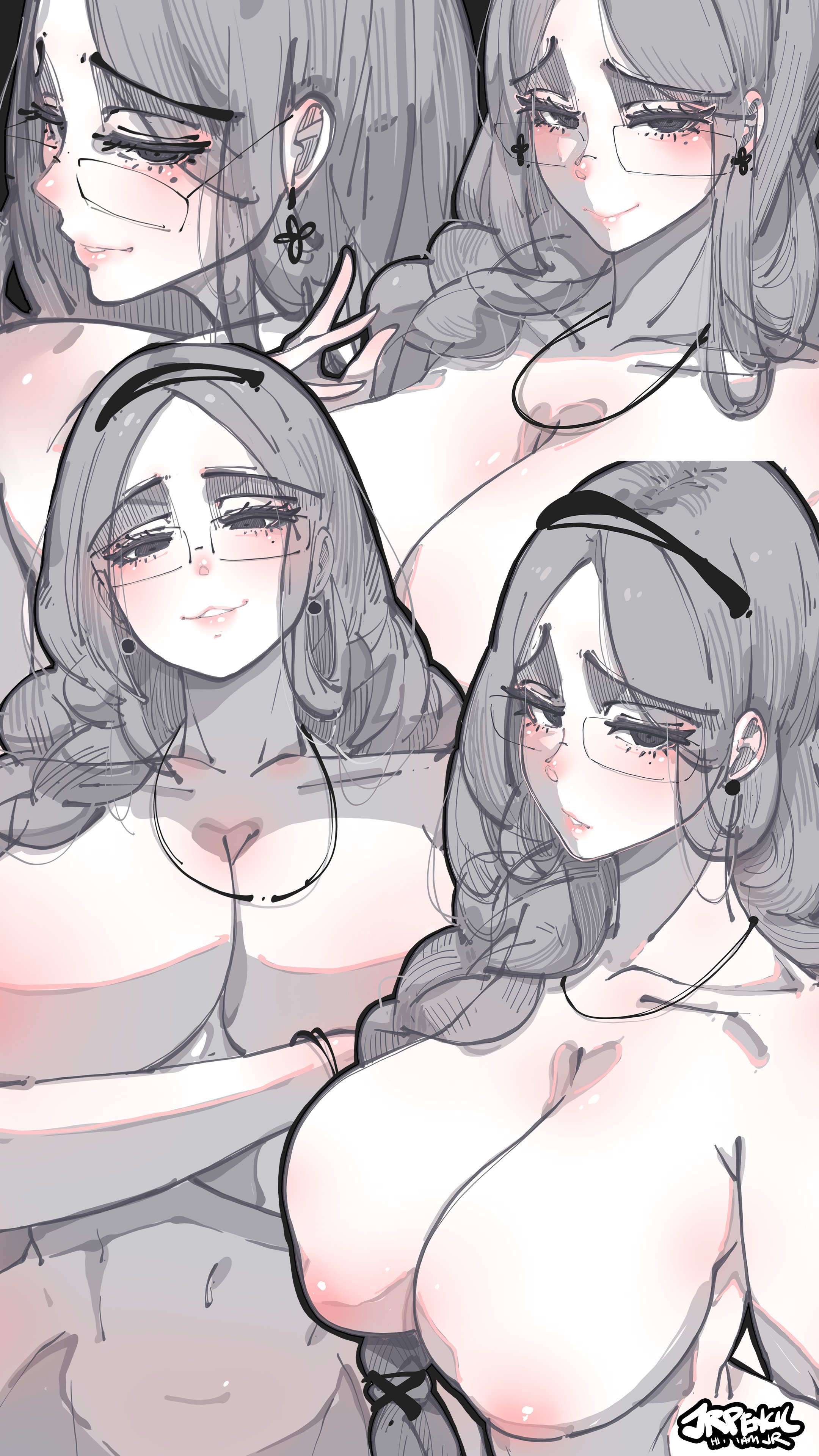 1girls, artist name, black eyes, breasts, closed mouth, crossed arms, glasses, grey hair, jrpencil, large breasts, long hair, looking at viewer, mole, mole under eye, multiple views, no nipples, nude, parted bangs, parted lips, raised inner eyebrows, smile
