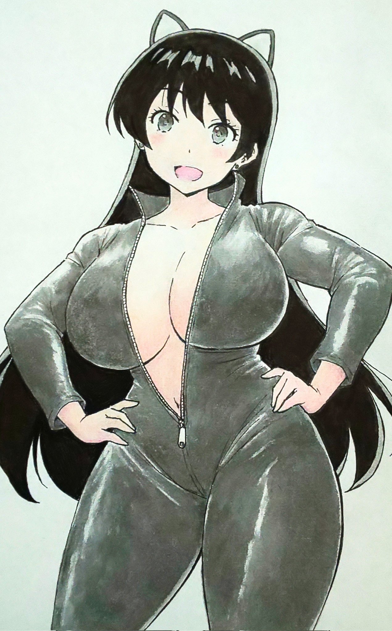arato nagi, blush, bodysuit, cleavage, colored pencil (artwork), hands on hips, huge breasts, open mouth, pencil (artwork), ruri no houseki, smile