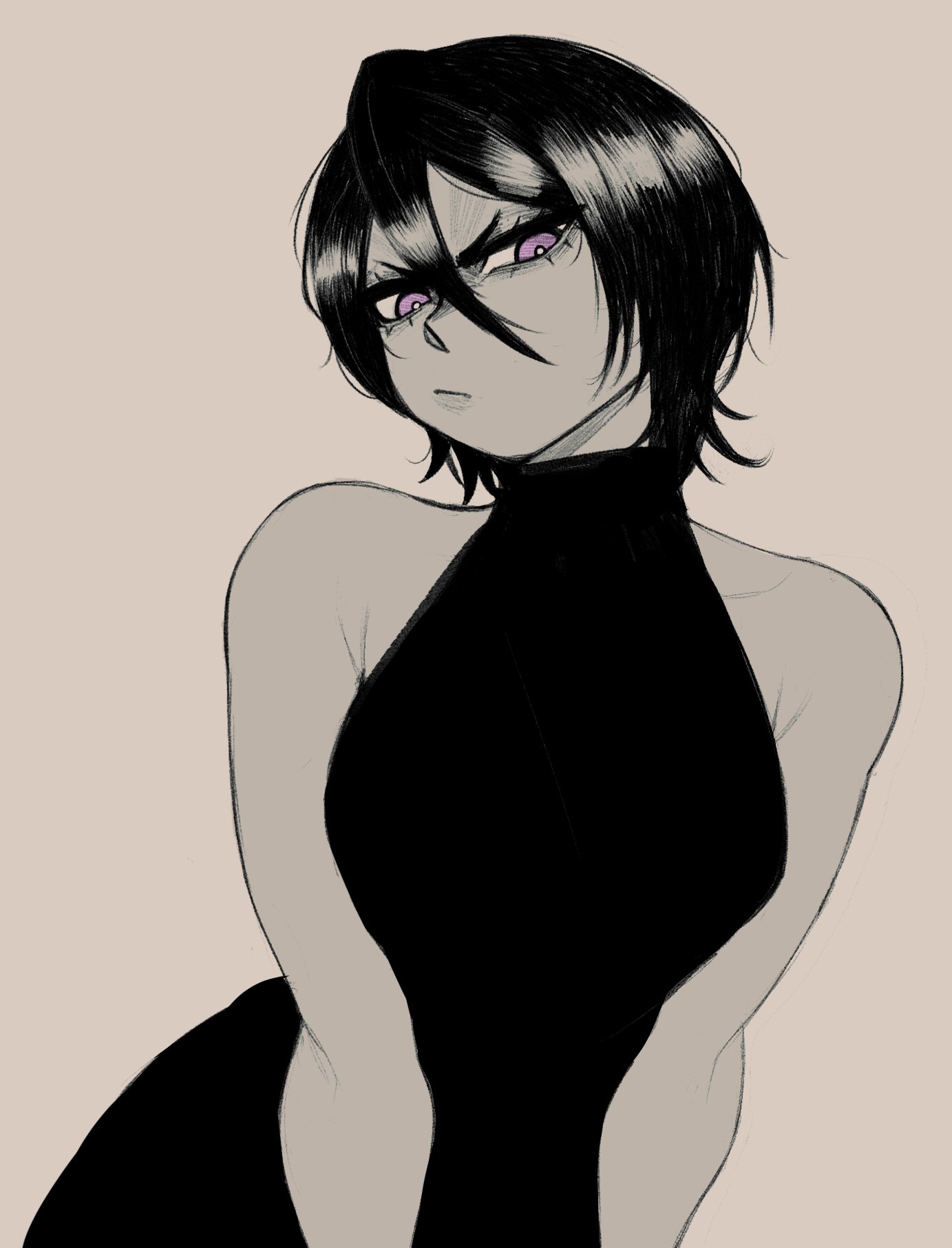 1girls, 2025, bare shoulders, black hair, bleach, breasts, closed mouth, cullieon, female, female focus, female only, kuchiki rukia, medium hair, purple eyes, simple background, small breasts, spot color, upper body
