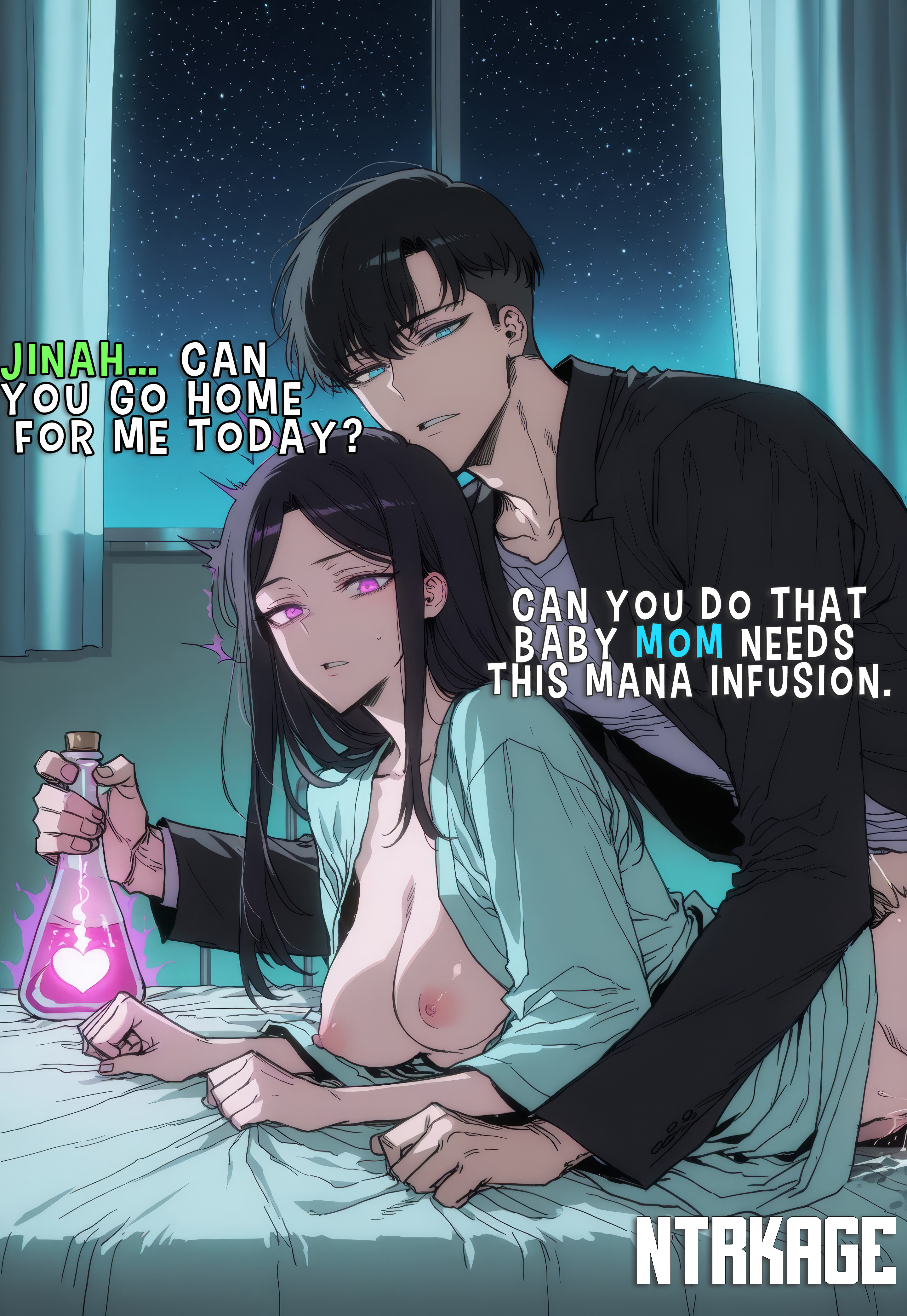 1boy, 1girls, ai generated, comic, comic page, cuckold, english text, exposed breasts, glowing eyes, hi res, hidden sex, highres, holding object, incest, incest (lore), love potion, medium breasts, milf, mother, mother and son, netorare, ntrkage, park kyung hye, sagging breasts, sex, slim waist, solo leveling, sung jin woo, vagina, vaginal penetration, vaginal sex