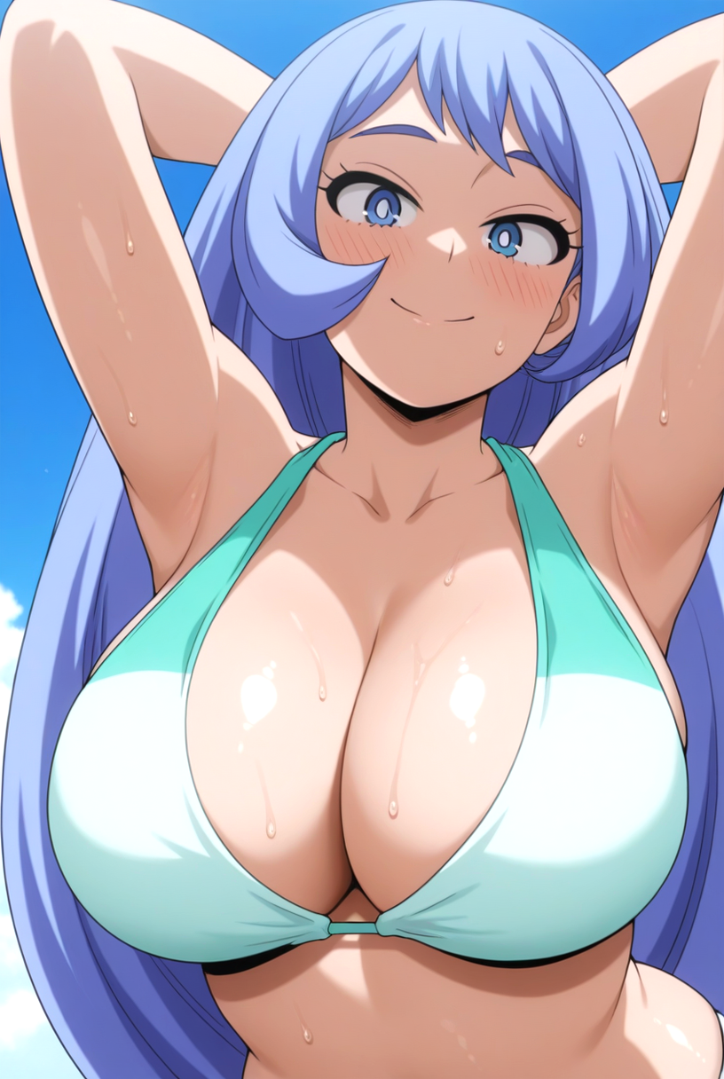 1girls, ai generated, armpits, arms behind back, arms behind head, arms up, big breasts, bikini, blue hair, blue-haired female, looking at viewer, my hero academia, nejire hado, pov, solo, solo female