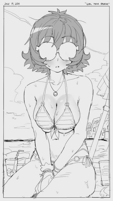 bare shoulders, beach, bikini, blush, breasts, cleavage, glasses, hands between legs, hands between thighs, julia (slammo), looking at viewer, monochrome, navel, necklace, original, original character, short hair, sitting, slammo, sweat, sweating, tagme, voluptuous, wide hips