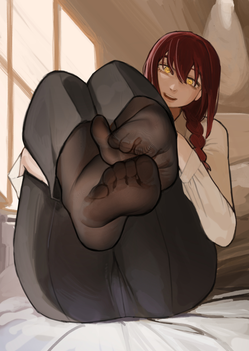 ass, chainsaw man, cozy, demon girl, feet, fully clothed, makima (chainsaw man), miaojiangyou, red hair, smiling at viewer, stockings