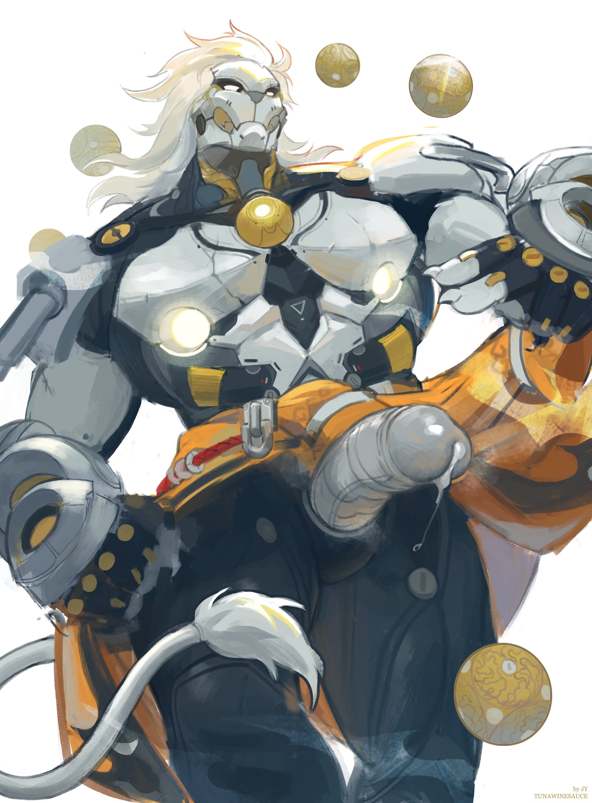 android, balls, banyue (zenless zone zero), baoding balls, boner, erection, genitals, glans, hair, hi res, imminent sex, jacket, jacket around waist, low-angle view, machine, male, male only, mihoyo, muscular, muscular male, nipples, no humans, not furry, peace sign, penis, portrait, retracted foreskin, robot, simple background, solo, standing, steam, tail, tunawinesauce, white background, zenless zone zero