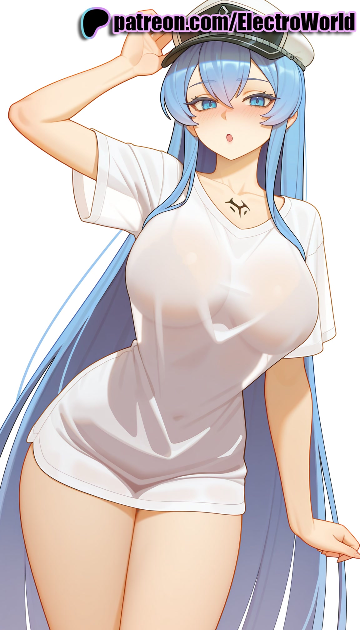 1girls, 2025, ai generated, akame ga kill!, artist name, big breasts, big chest, blue eyes, blue hair, blush, breasts, bust, busty, chest, electroworld, esdeath (akame ga kill!), eyebrows visible through hair, female, hair between eyes, hat, hi res, high quality, high resolution, highres, large breasts, long hair, open mouth, patreon, patreon username, peaked cap, see-through, shirt, solo, stable diffusion, tattoo, thighs, very long hair, watermark, wet, wet clothes, wet shirt, white shirt